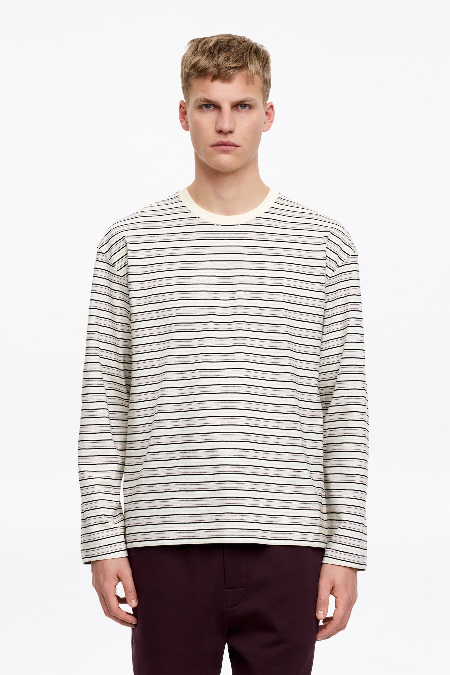 Χαλαρό μακρυμάνικο T-Shirt - Off White/Black/Plum - 1