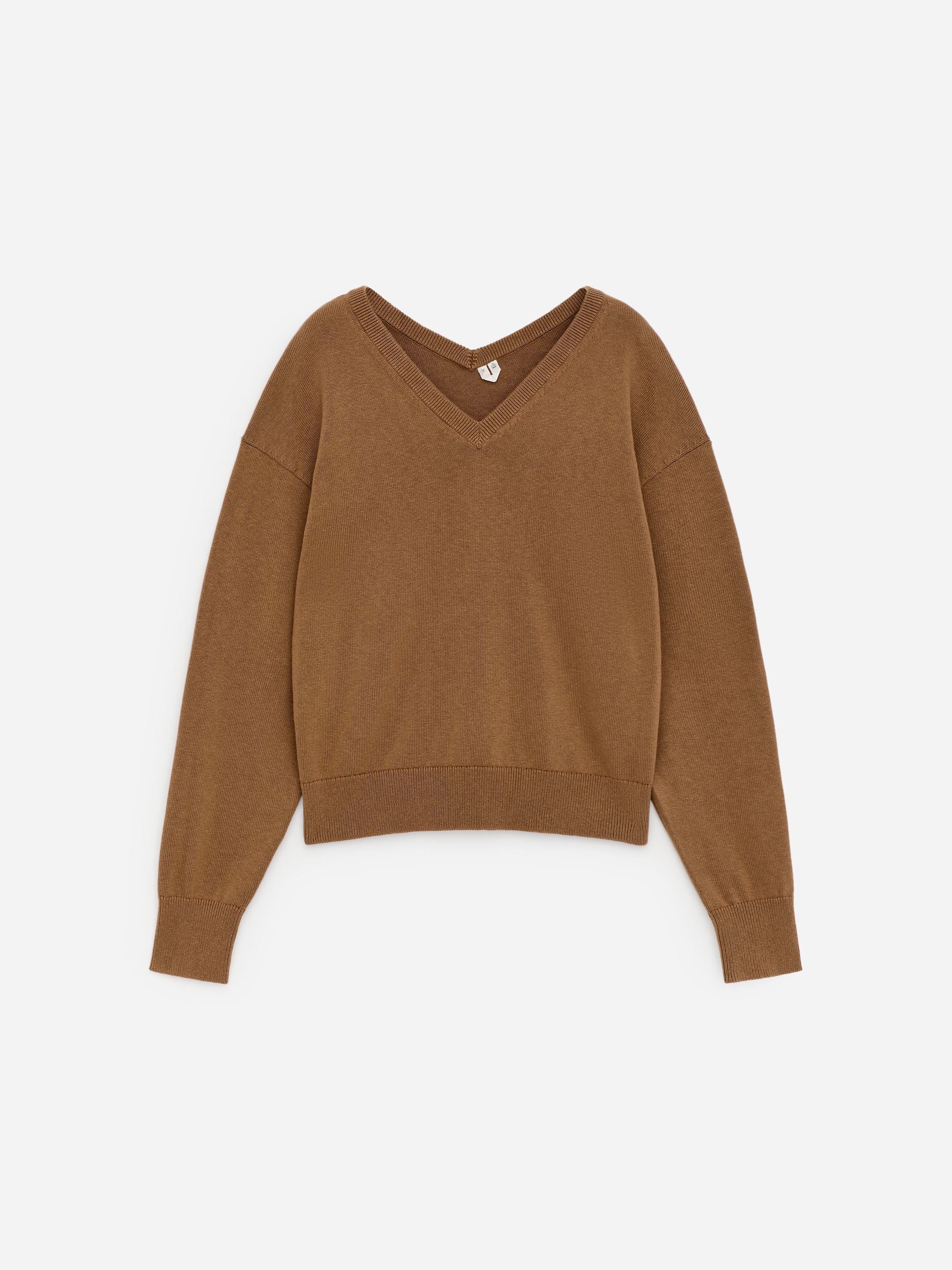 Pamut-gyapjú V-nyakú pulóver - Barna/Szürke melanzs