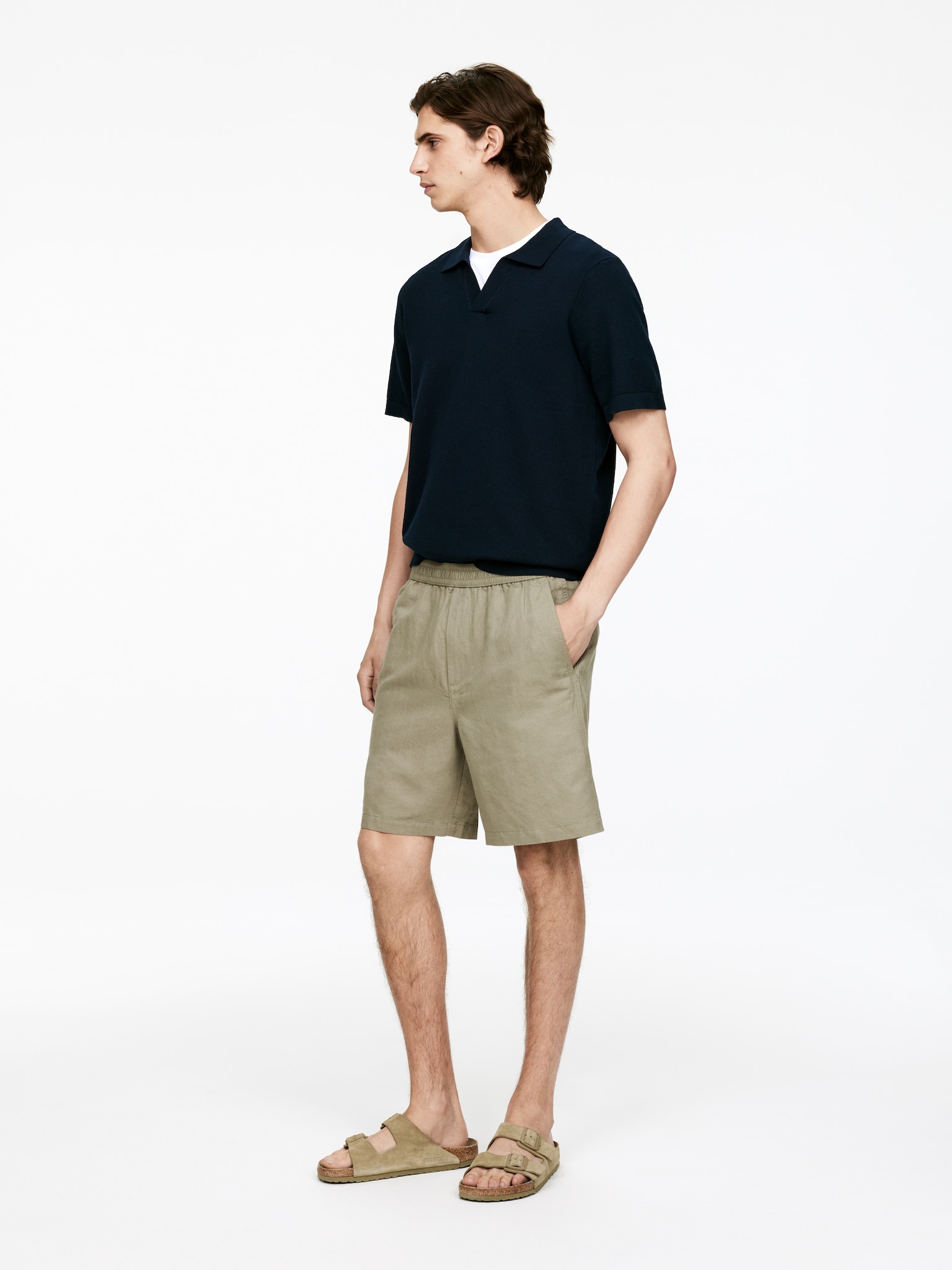 Short en coton et lin avec cordon de serrage - Vert/Bleu foncé/Beige clair/Noir - 3