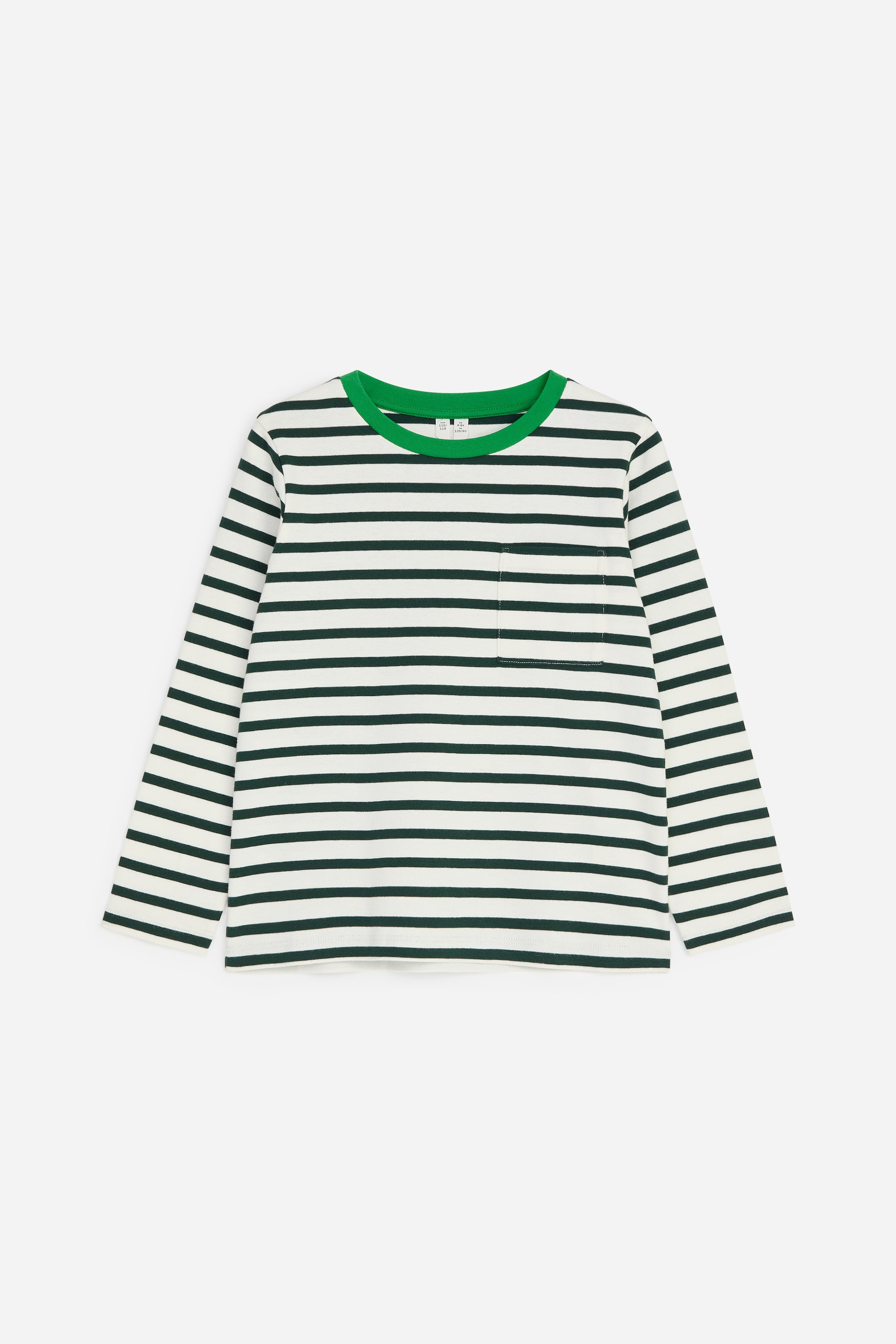 Visa större bild: En T-shirt med regular fit visas framifrån och har ett mönster med vita och mörkgröna horisontella ränder. Den är designad med en ljusgrön rund halsringning, långa ärmar och en enkel bröstficka.
