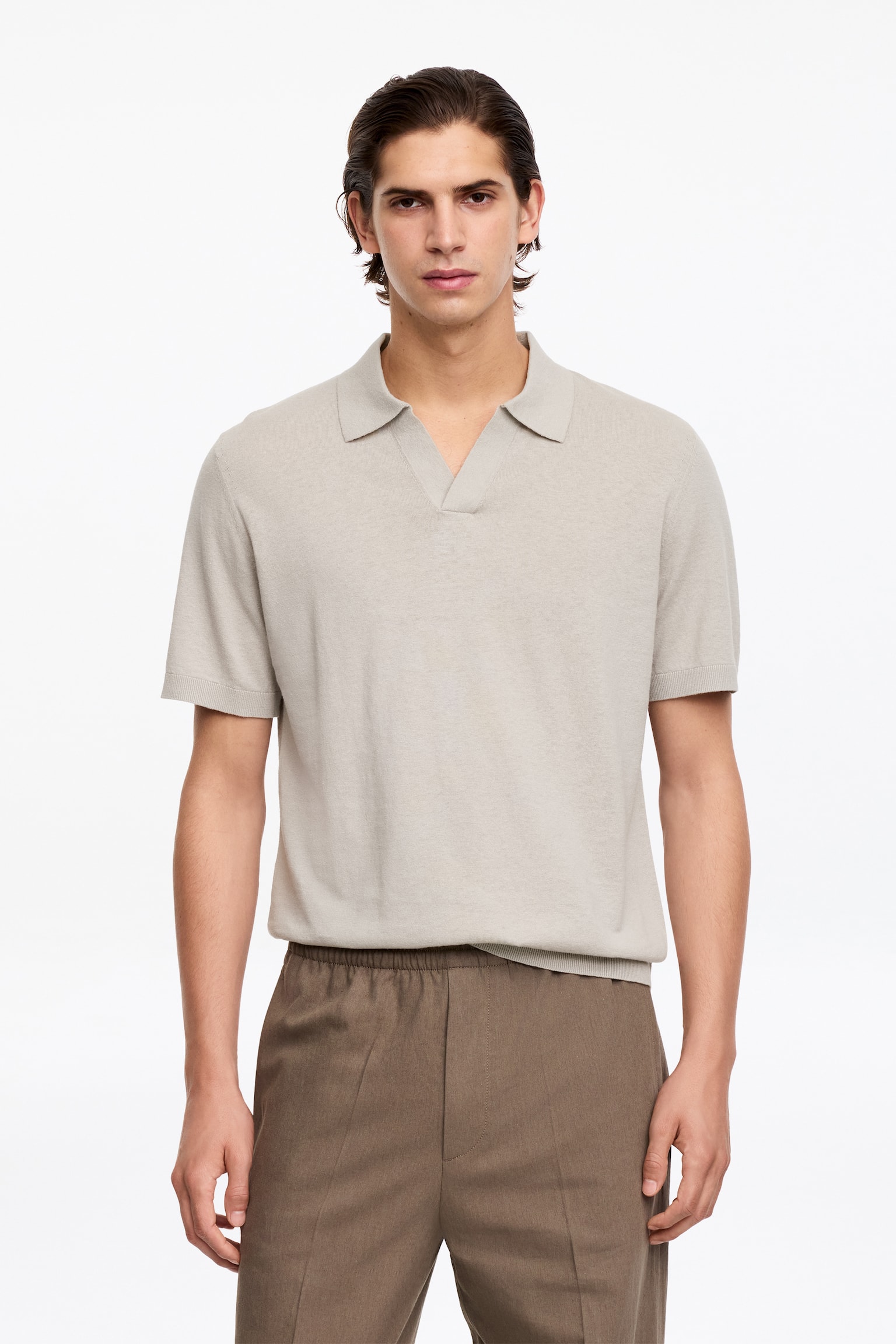 Katoenen poloshirt met linnen-Licht taupe - 2
