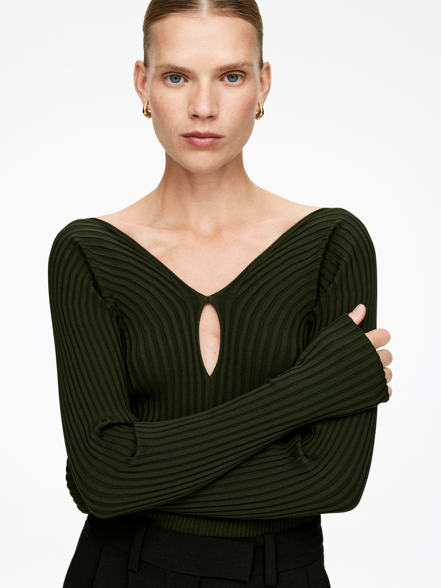 V-Neck Rib Top - Dark Green - 5