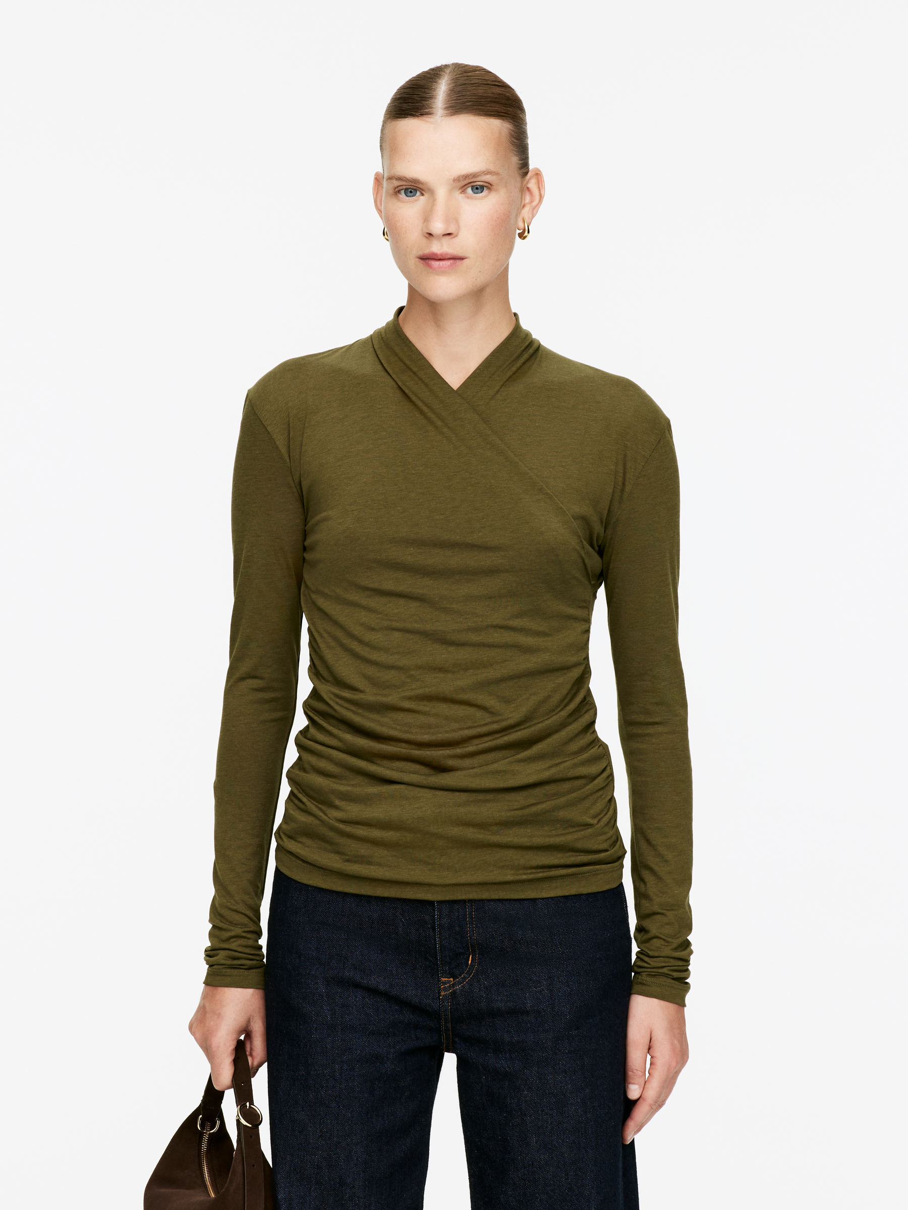 Wrap Lyocell-Cotton Top - Khaki Green - Slim fit - Women - StillMedia/Lookbook - 4