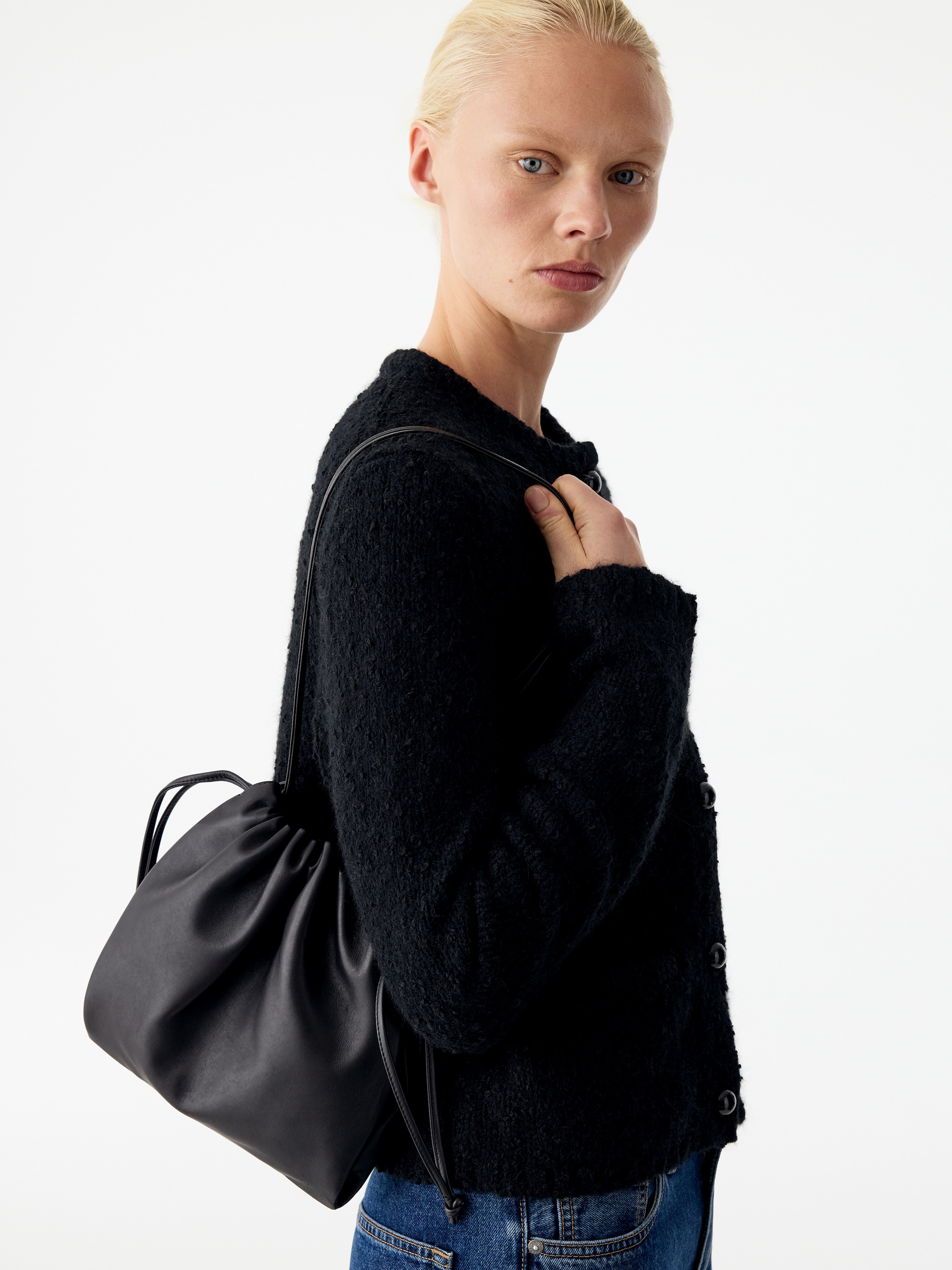 Small gathered leather bag-Black-20947