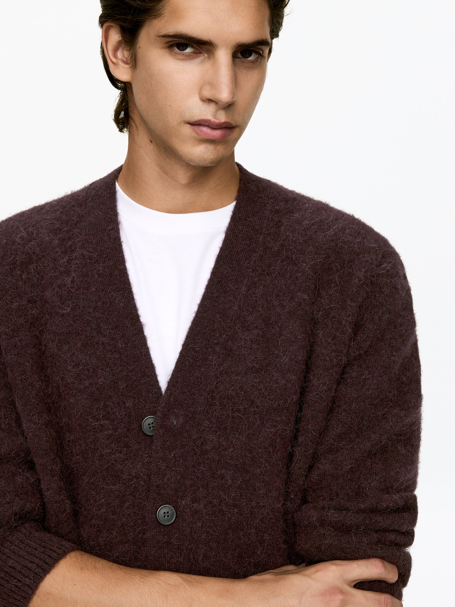 Cardigan en laine et alpaga - Rouge foncé/Beige foncé/Marron - 5