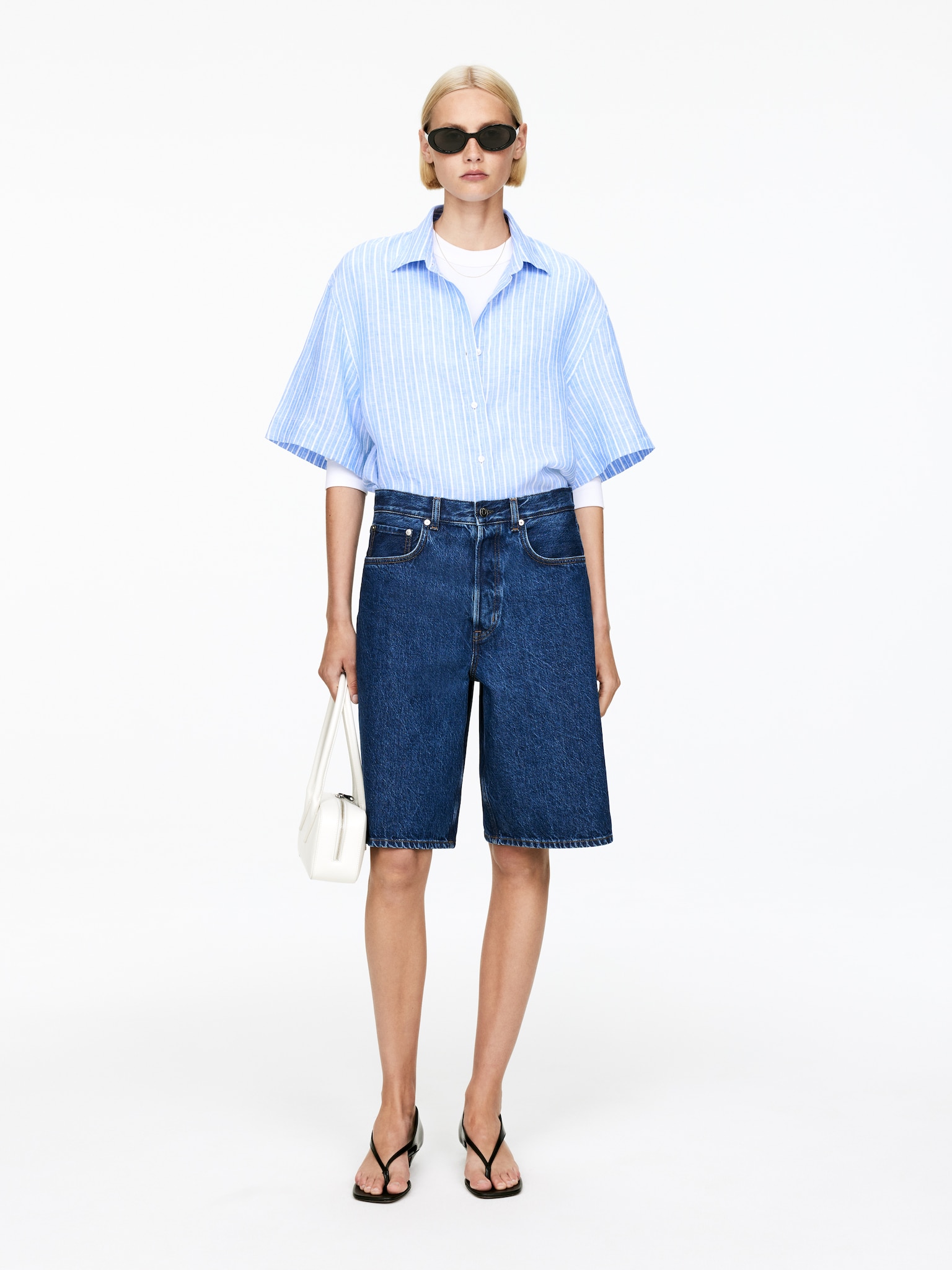 Long Denim Shorts - Dark Blue/White