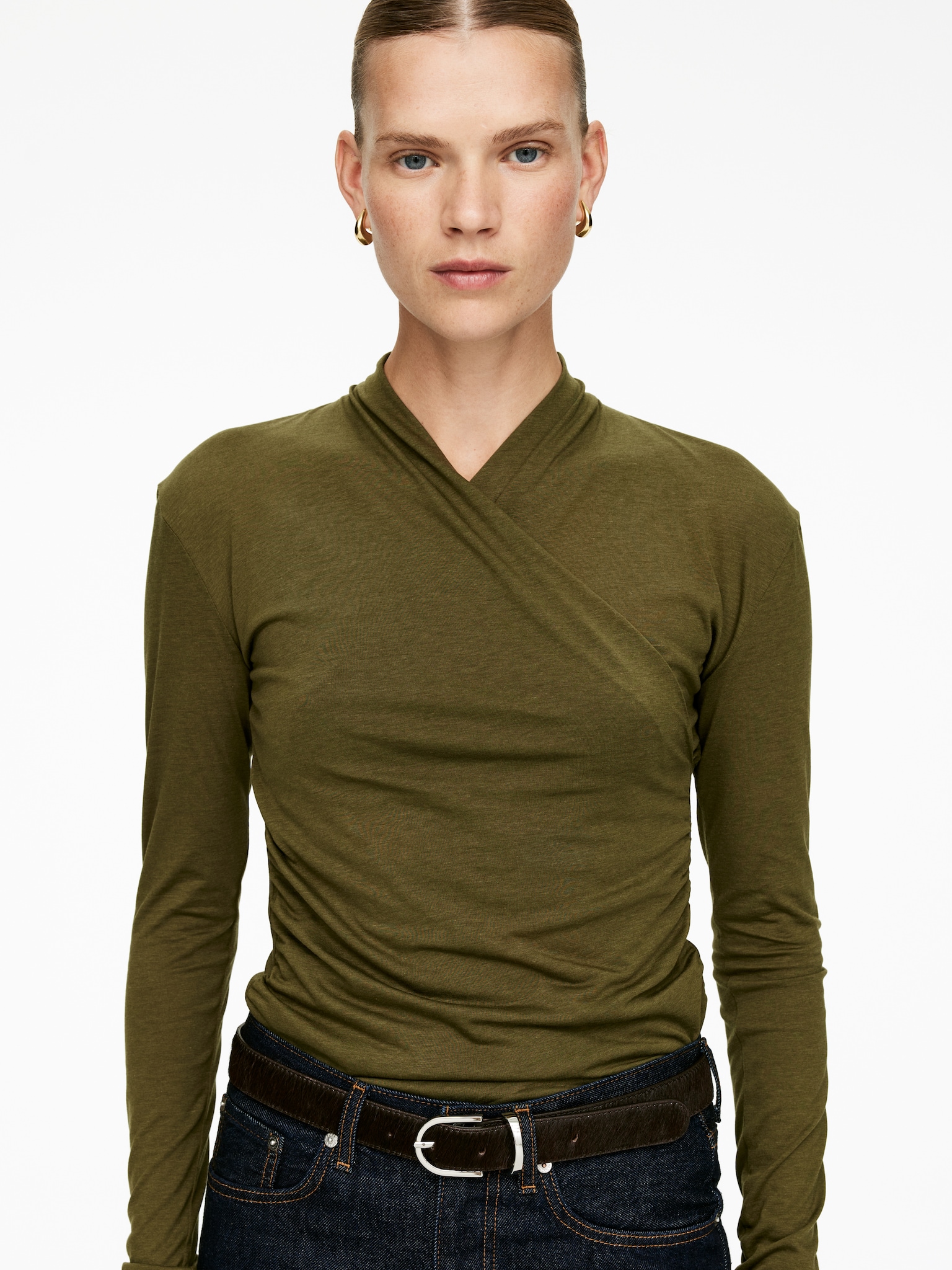 Wrap Lyocell-Cotton Top - Khaki Green/Black - 5