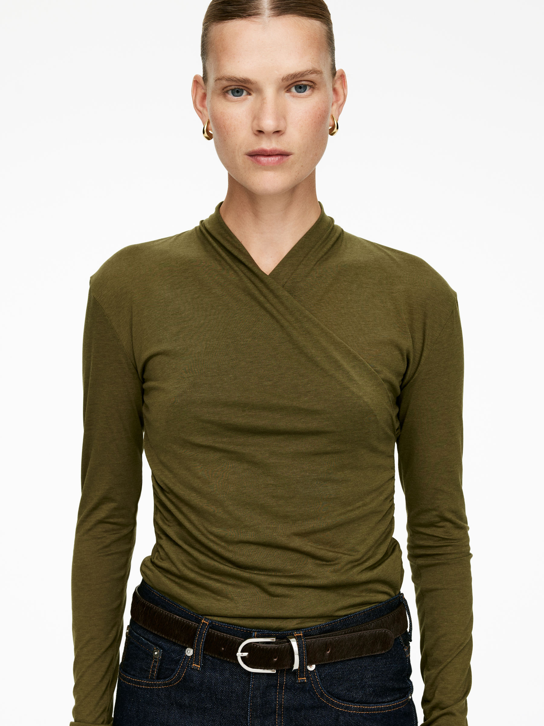 Wrap Lyocell-Cotton Top - Khaki Green - Slim fit - Women - StillMedia/Lookbook - 3