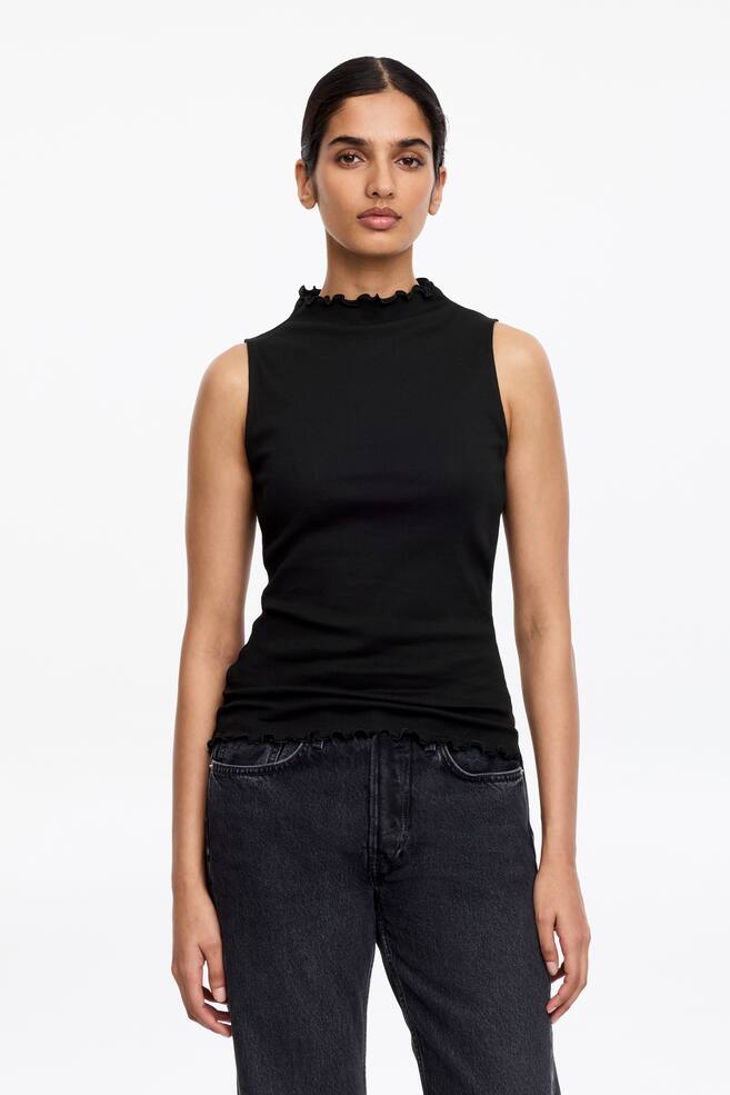 Mock-Neck Ribbed Top - Black/Off White - 2