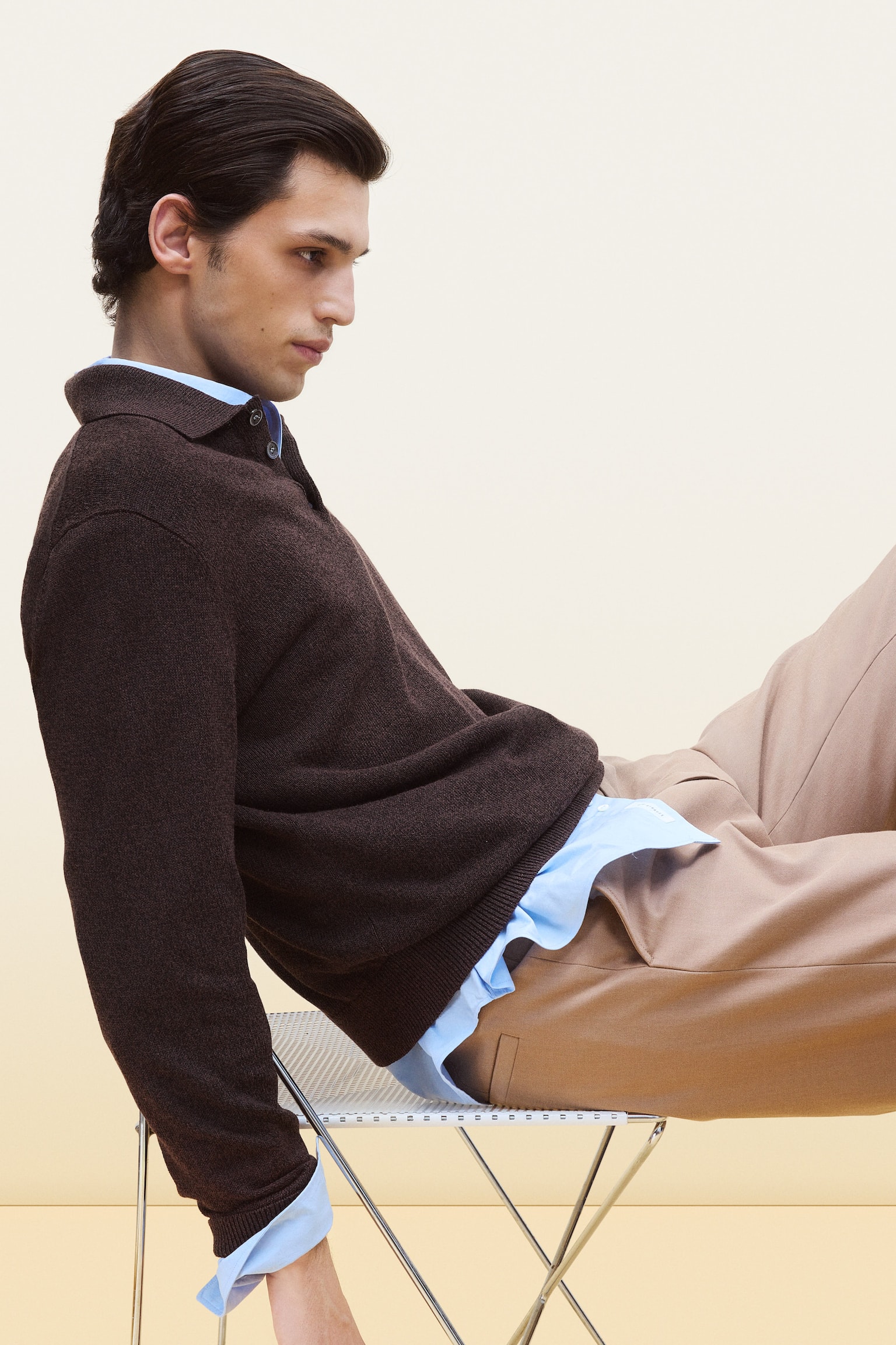 Polo en lin mélangé - Brun chiné/Bleu foncé - 10