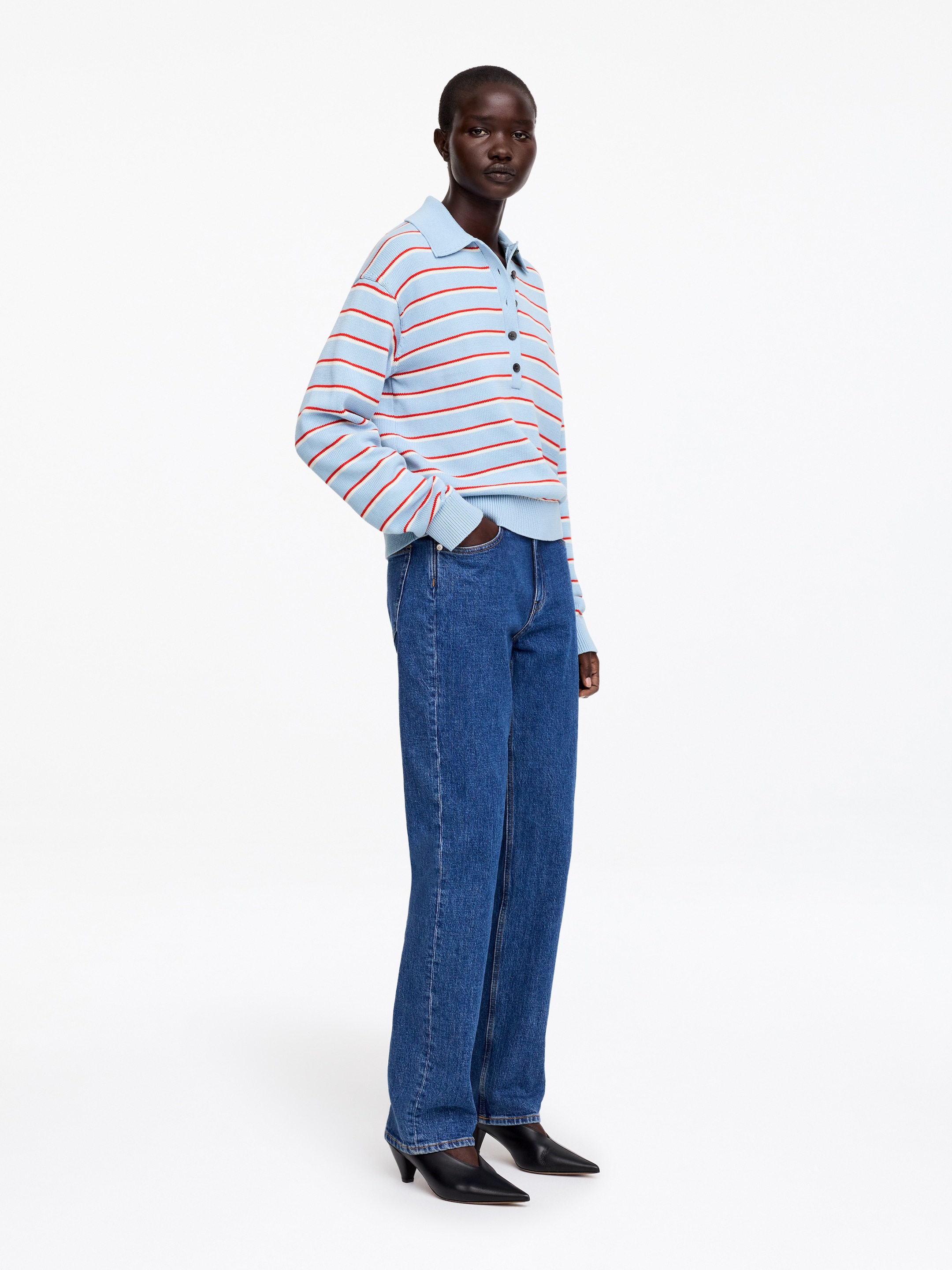Knitted Polo Shirt - Blue/Red/White - Regular fit - Women - StillMedia/Lookbook - 6