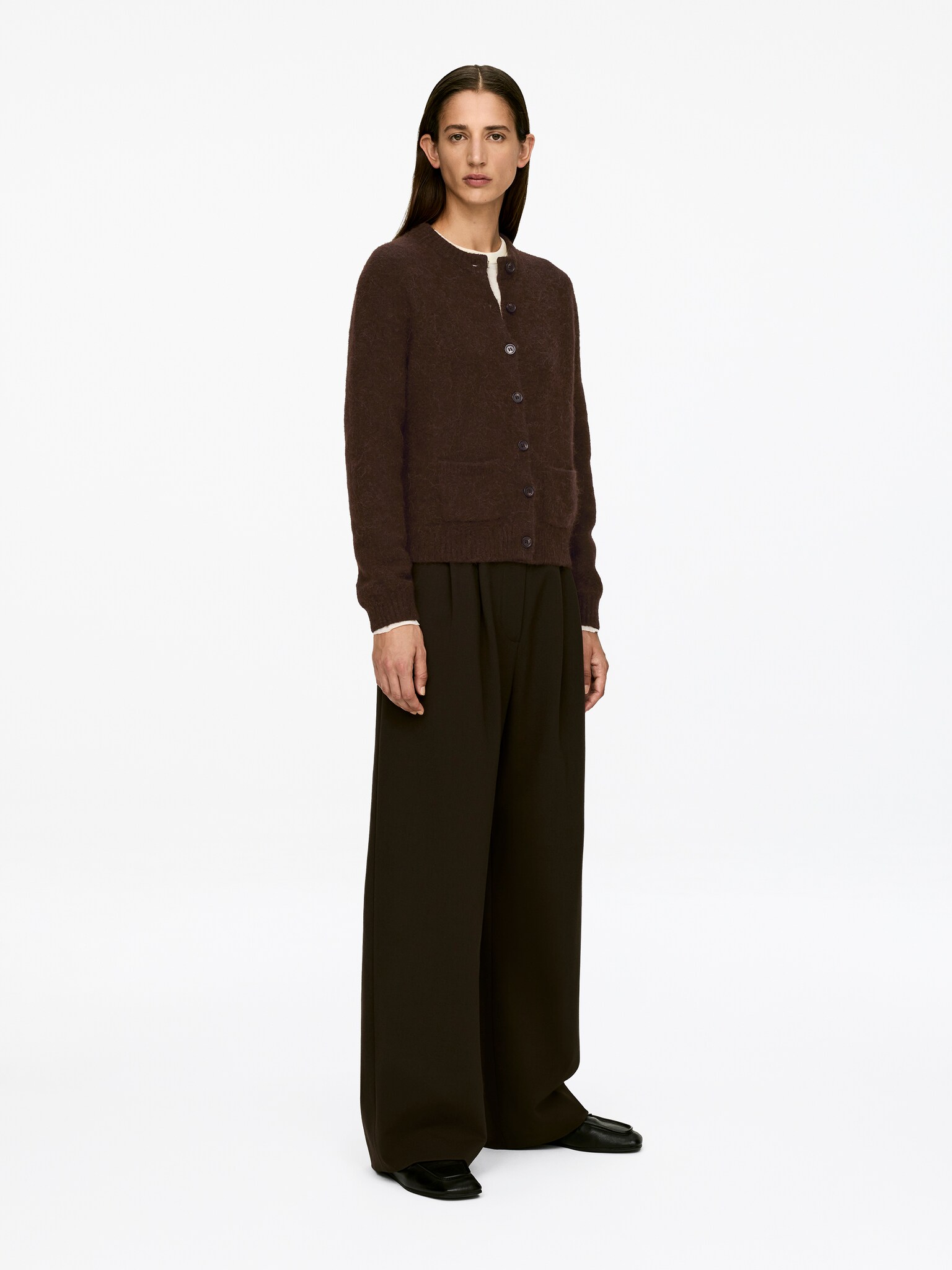 Cardigan en mélange de laine et d'alpaga - Marron foncé/Gris chiné - 5