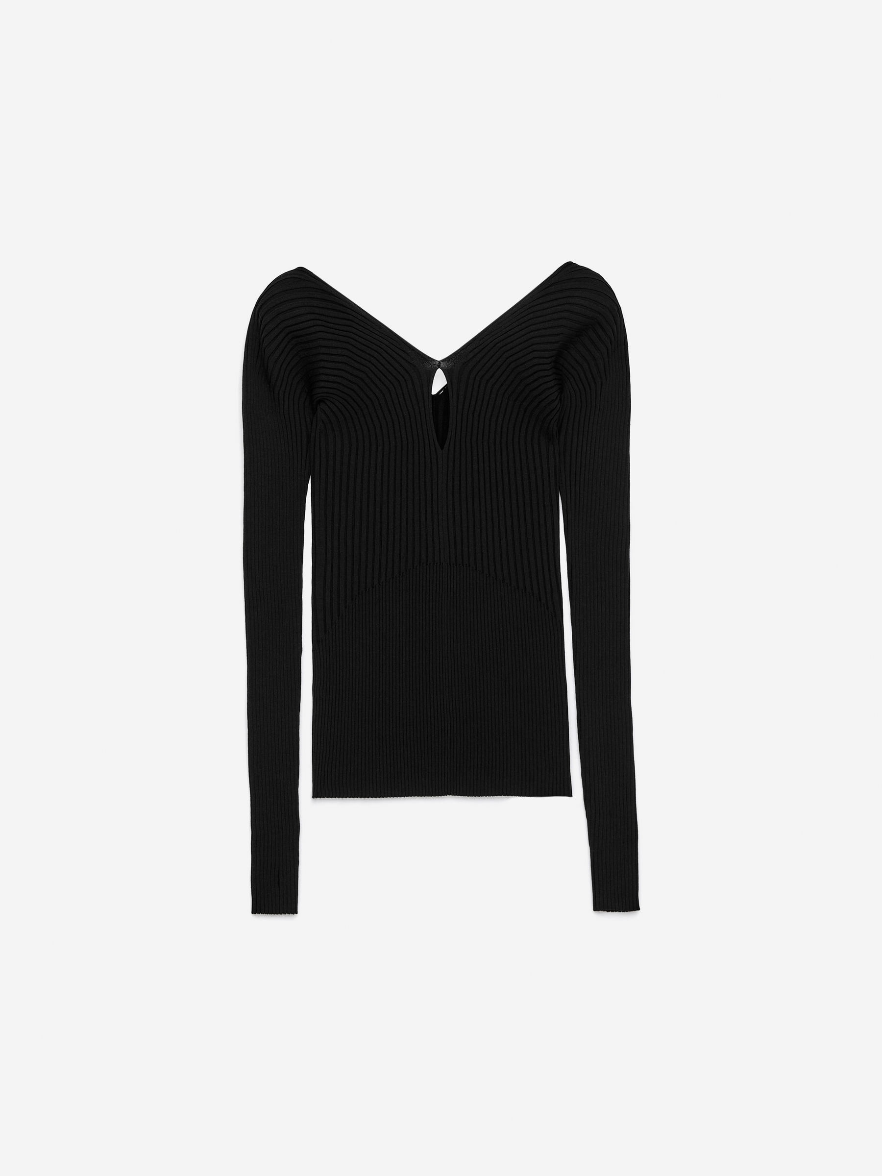 V-Neck Rib Top-Black-16766