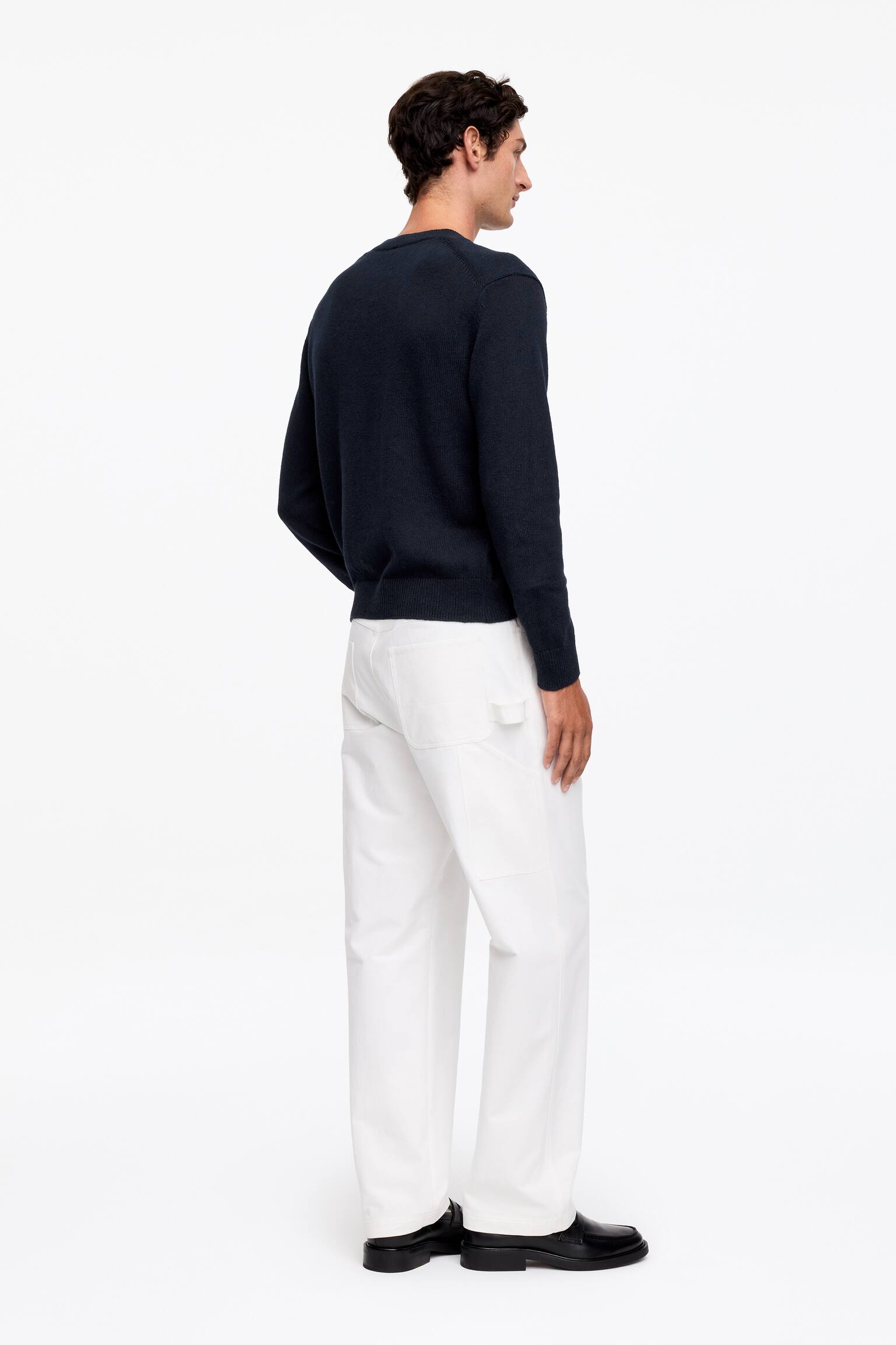 Jersey de lino y algodón con cuello de pico - Azul oscuro - 4