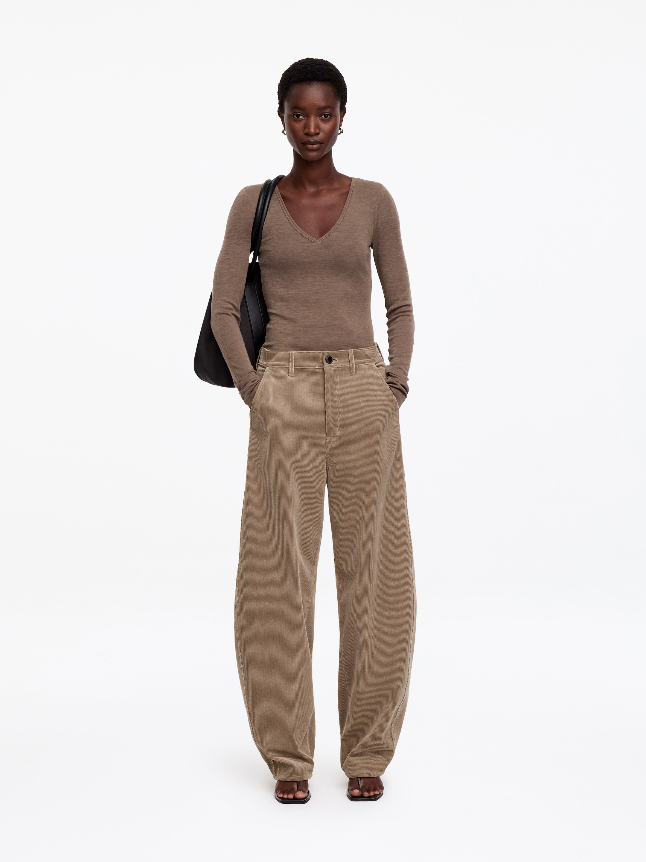 Corduroy Barrel Trousers-Beige-20322