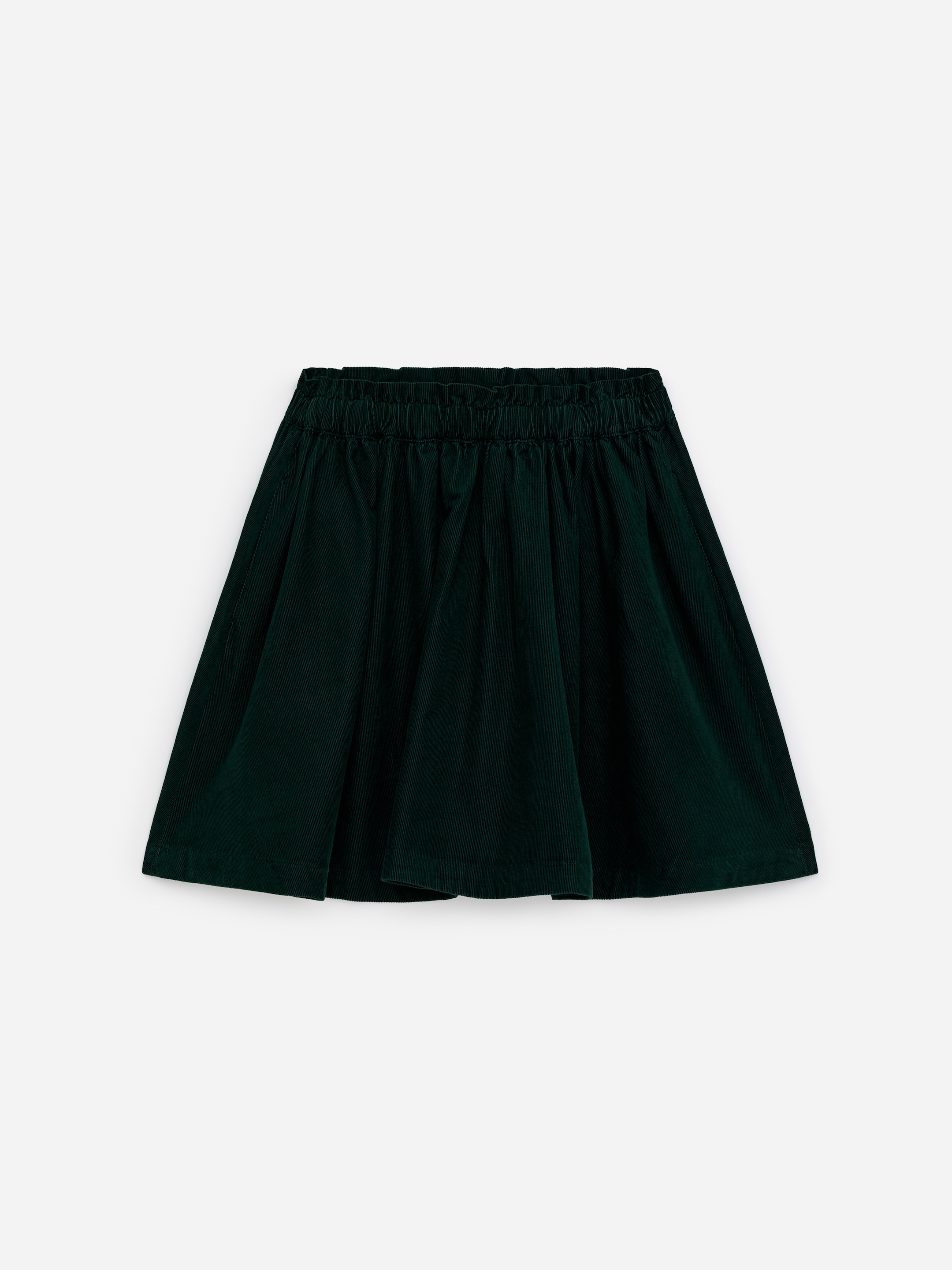 View larger image: A dark green corduroy skirt is presenting FRONT, featuring an elasticated paperbag waist and a flared, A-line silhouette.