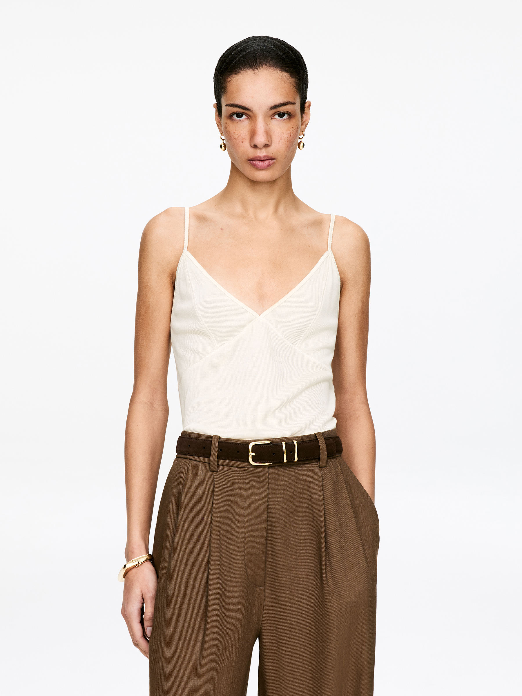 Ribbed Silk Strap Top-#DCD6C7-18159