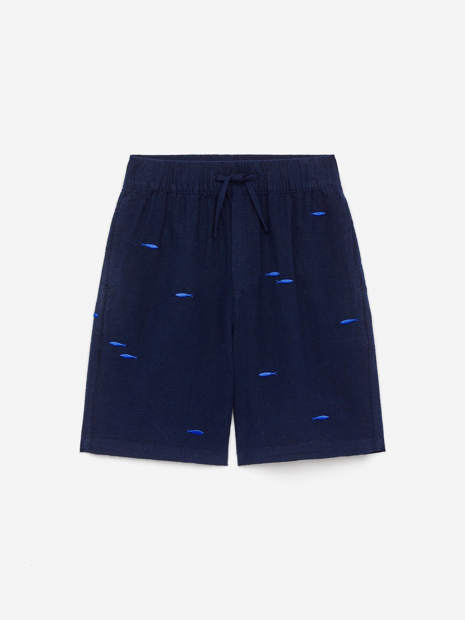 Short en coton brodé - Bleu foncé/Poissons