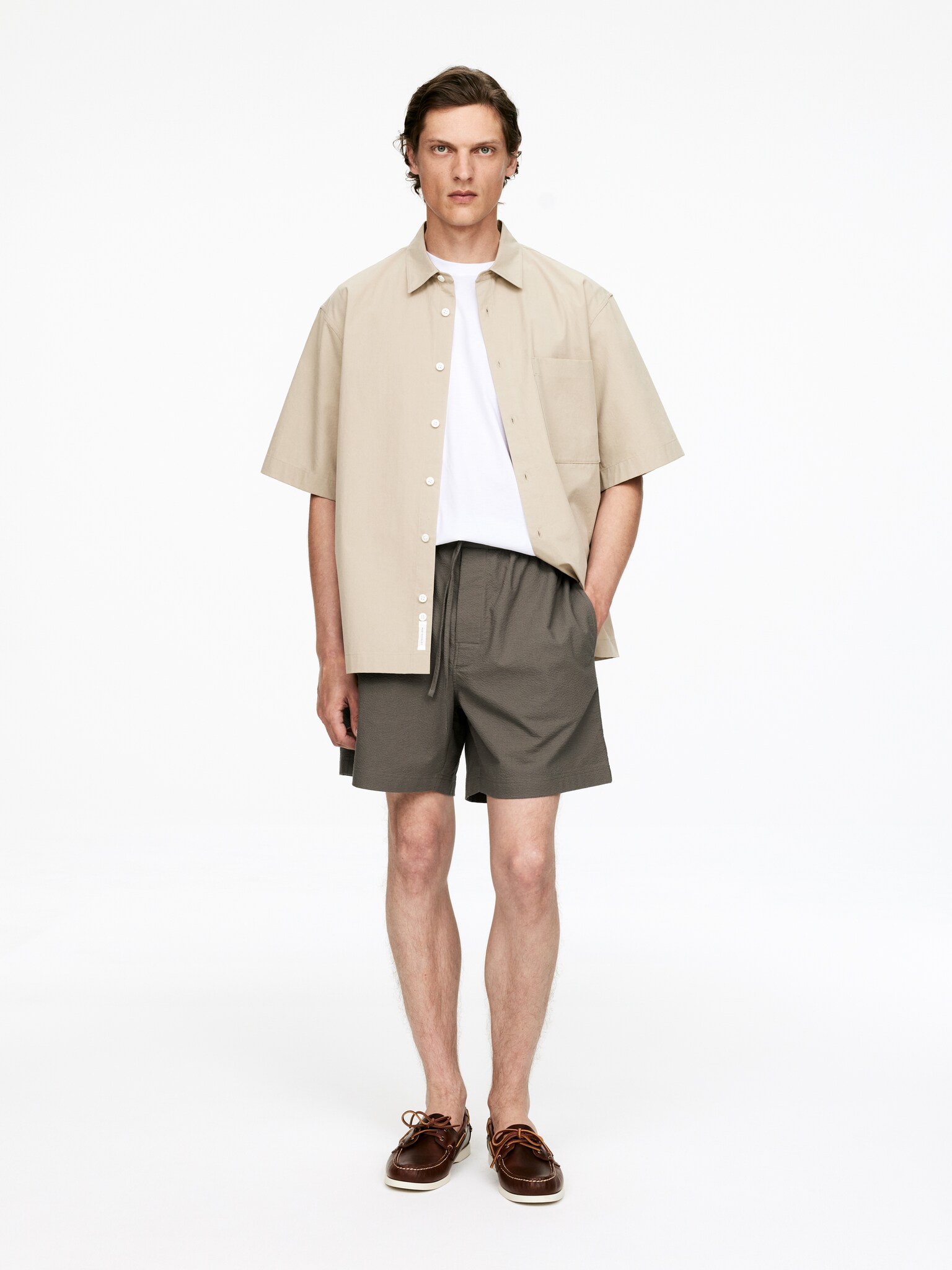Seersucker-Shorts - Taupe/Schwarz