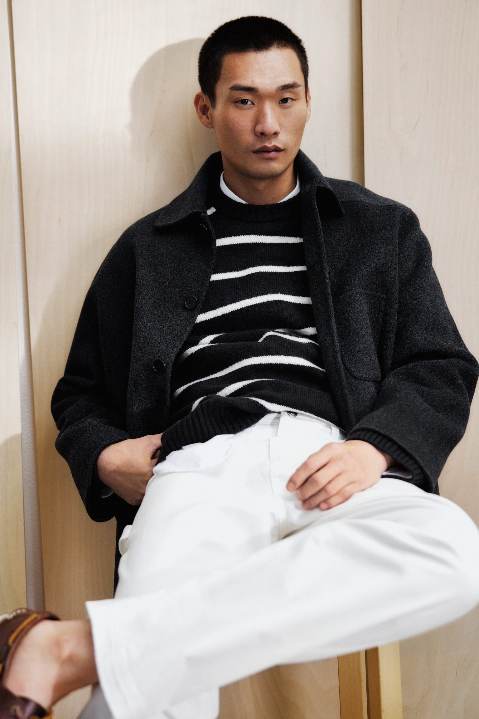 Ruimvallende trui van een katoenmix - Zwart/wit/Gebroken wit/rood - 4