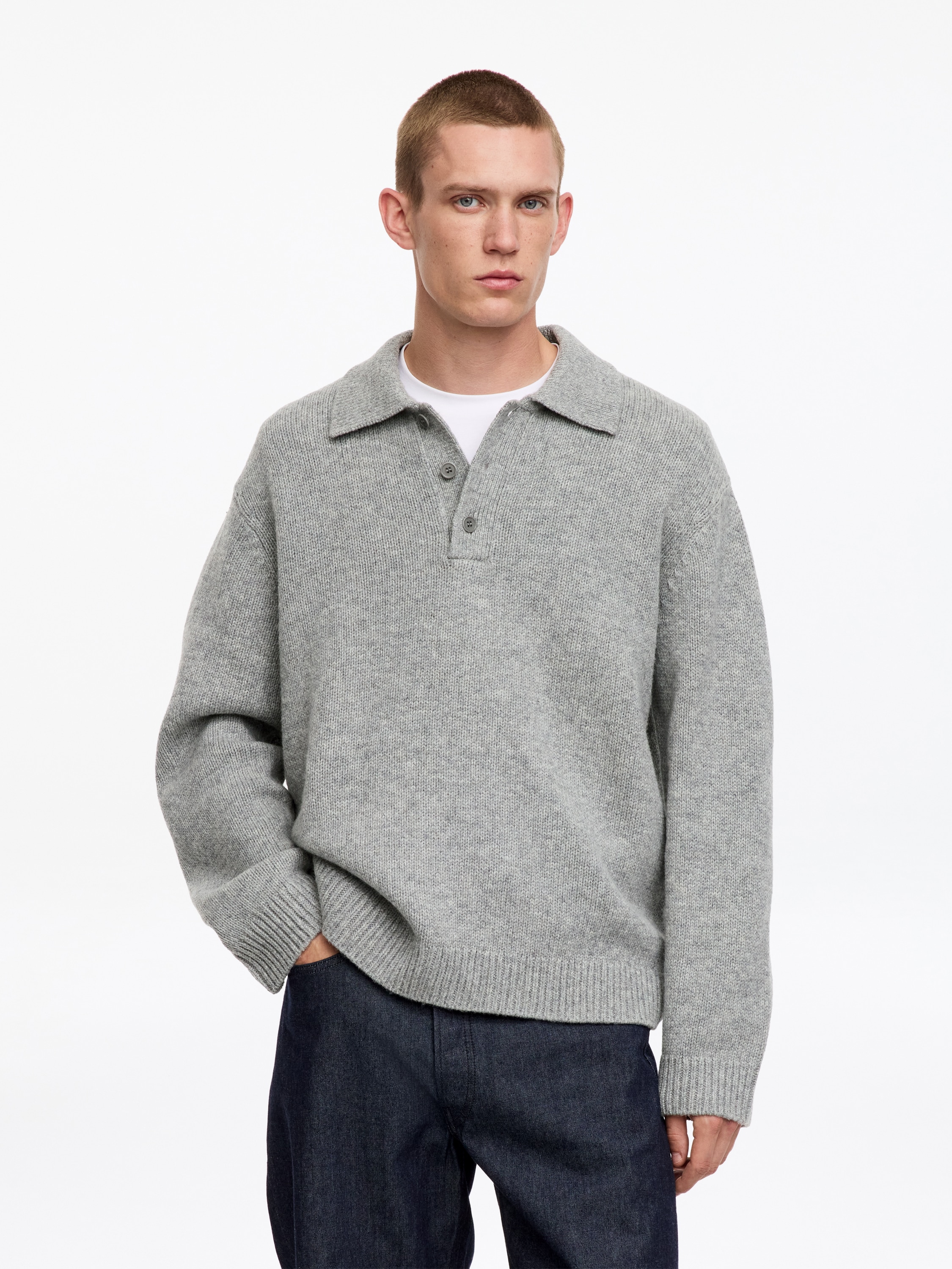 Maglione in stile polo in lana - Grigio mélange
