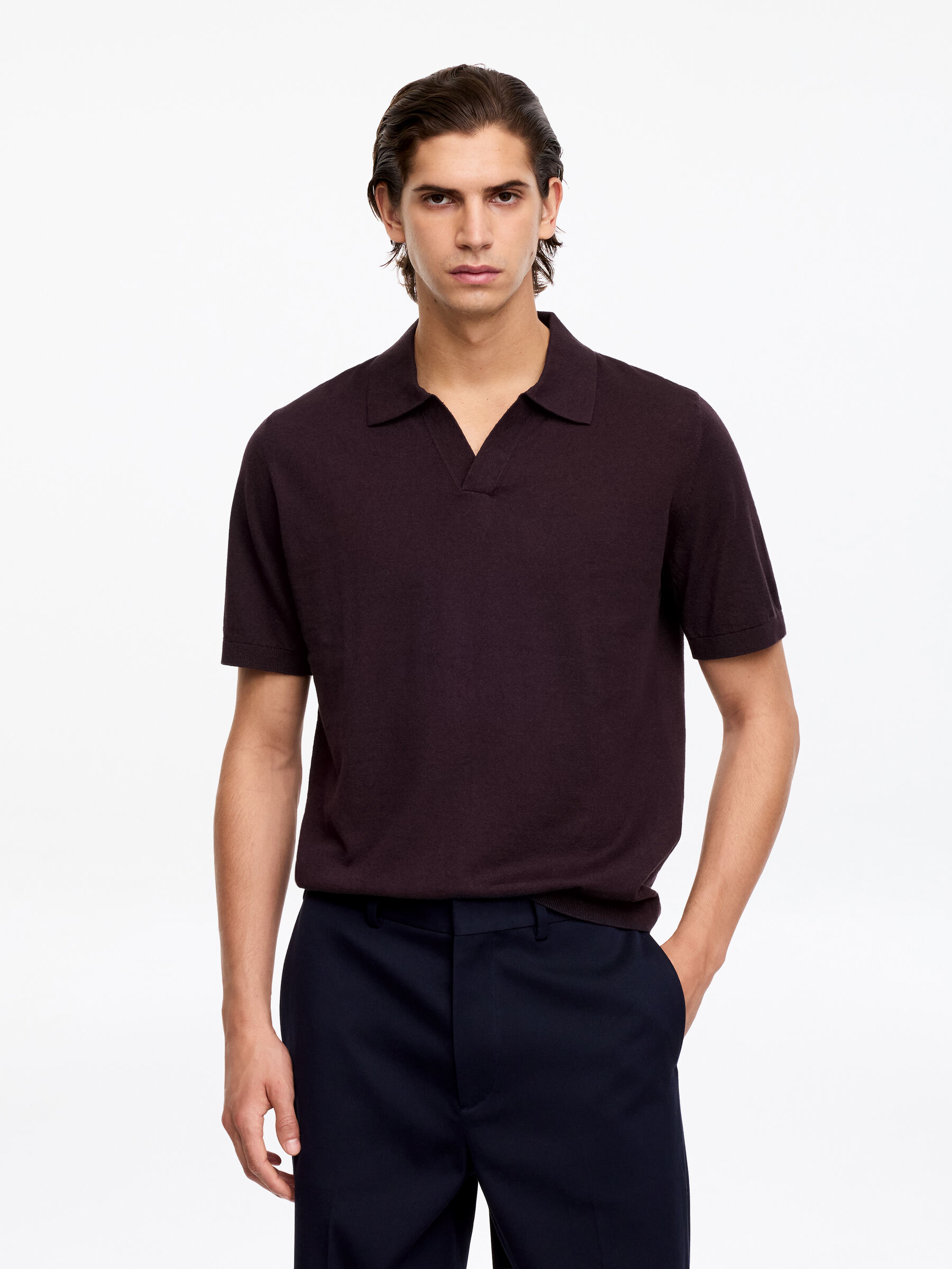 Polo in cotone e lino-#330F1A-14961