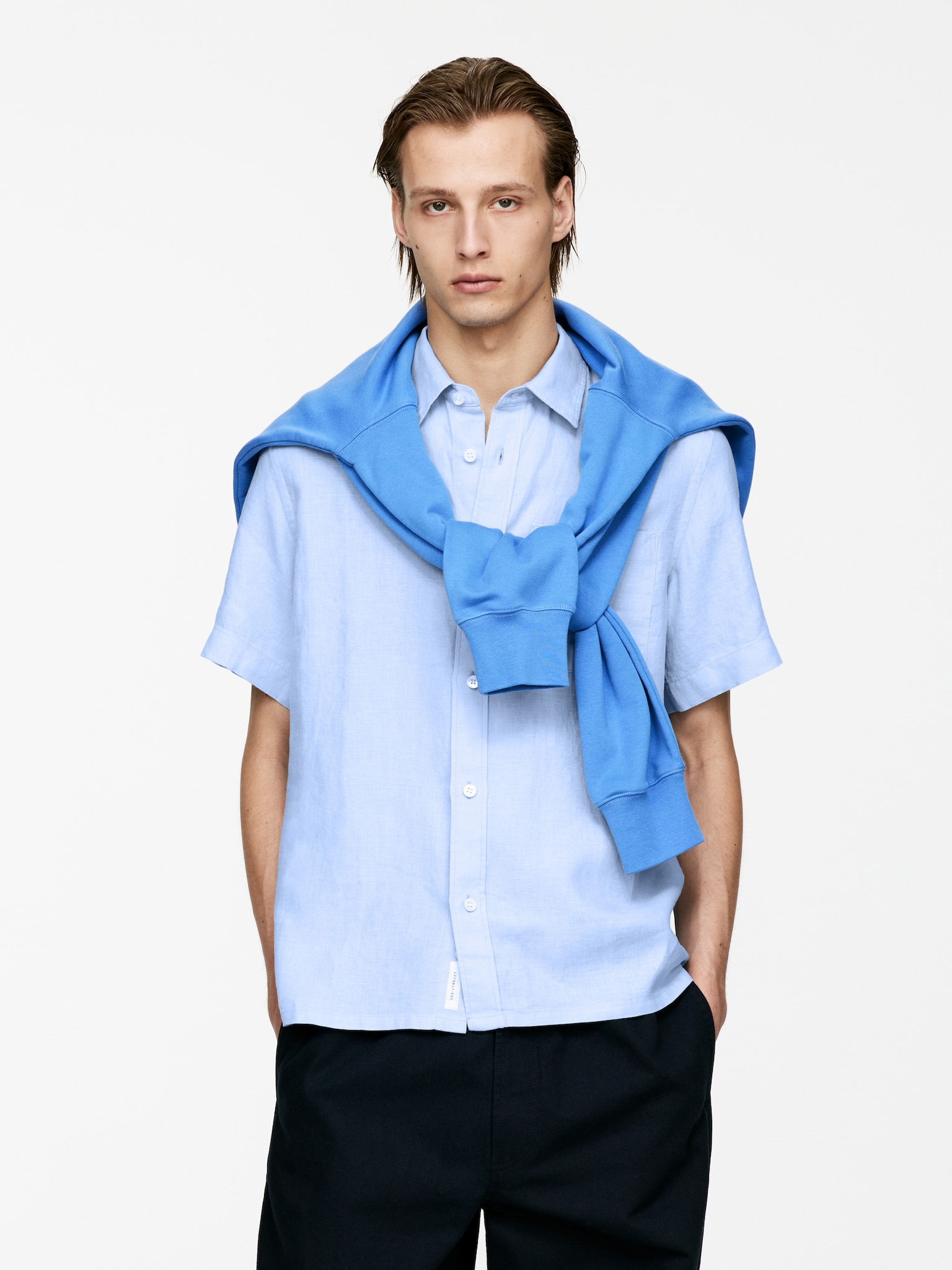 Camisa de lino holgada - Azul claro/Gris