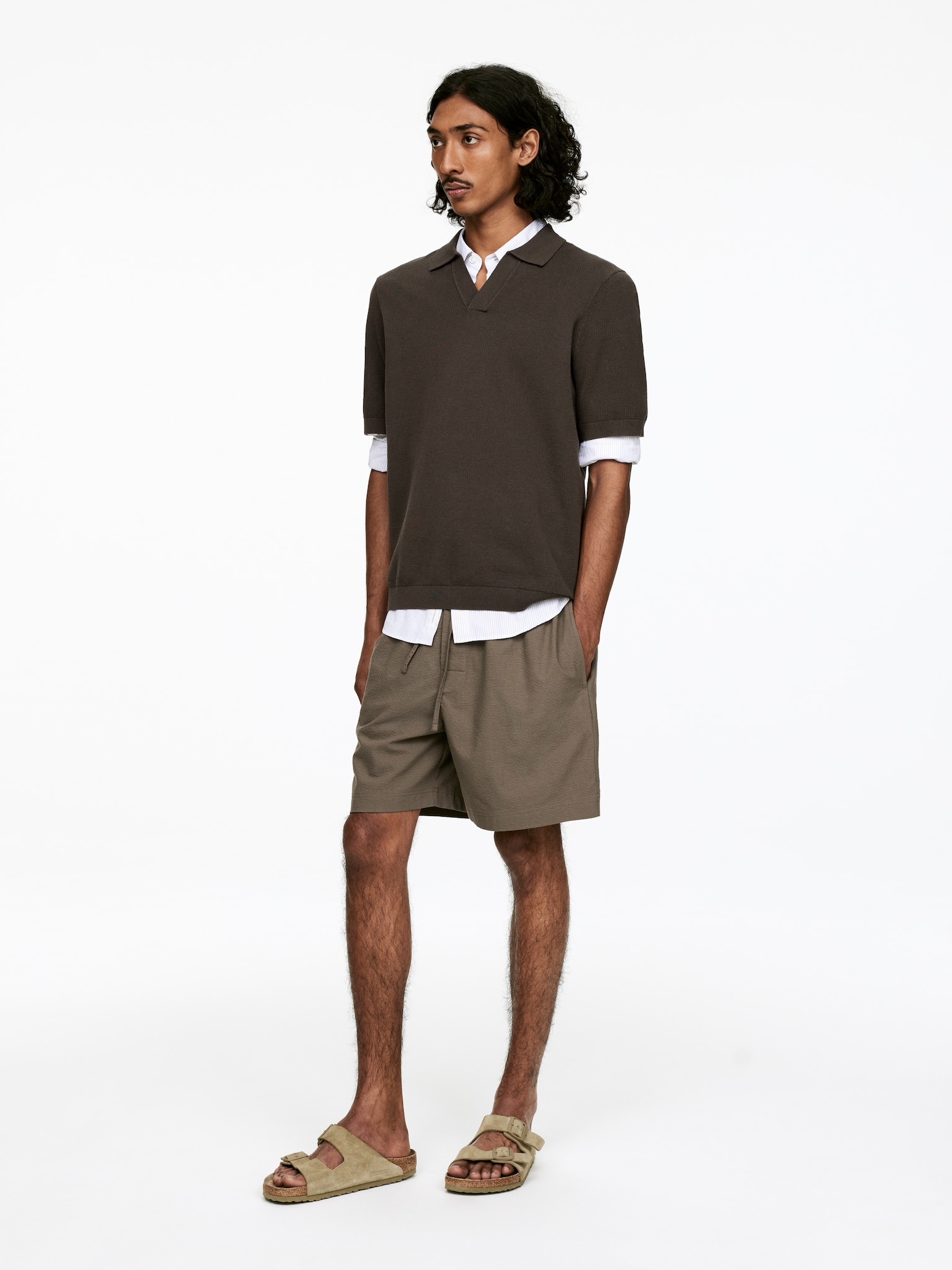 Textured Polo Shirt - Light Brown/Off White/Dark Blue - 5