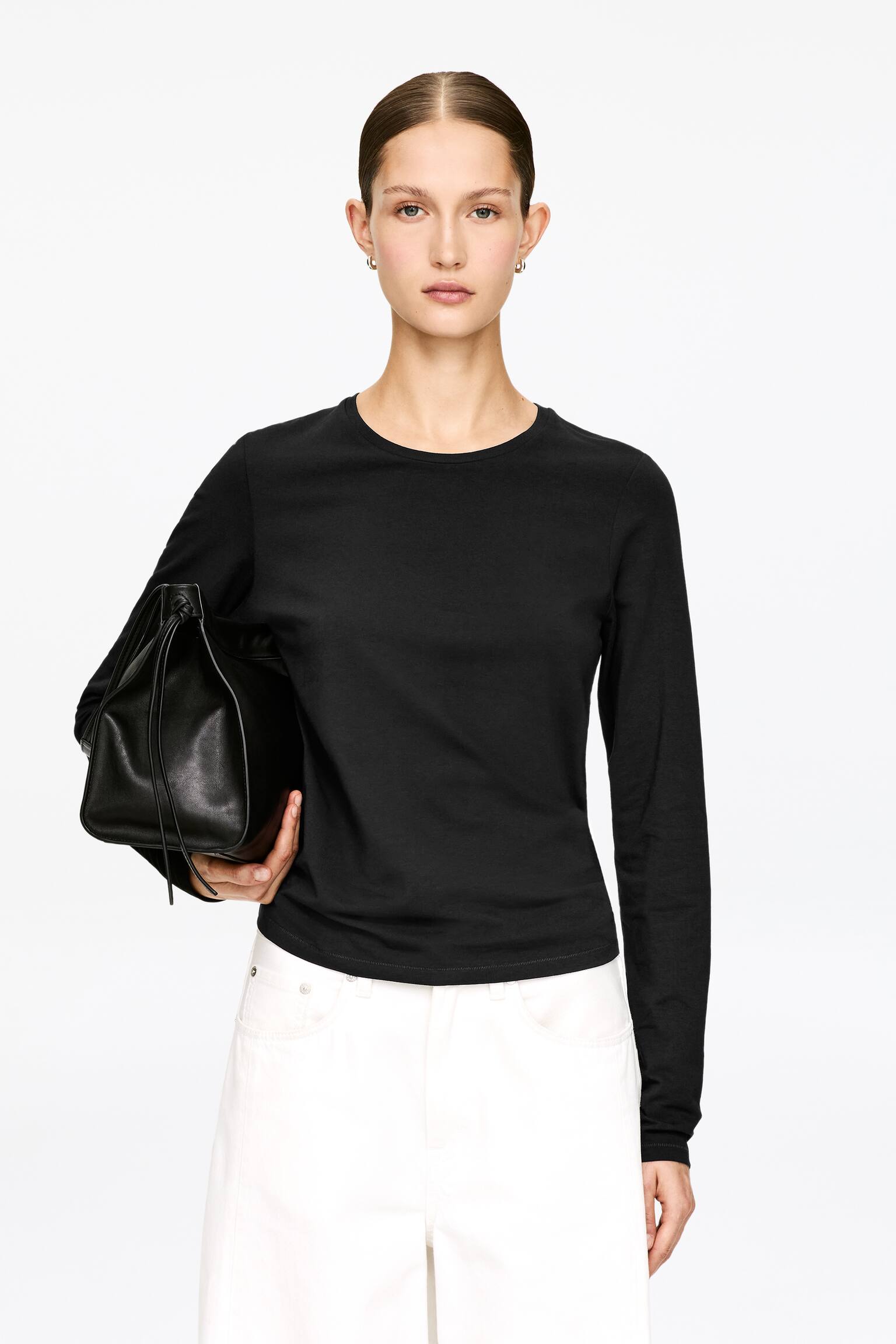 T-shirt à manches longues en coton extensible - Noir - 1