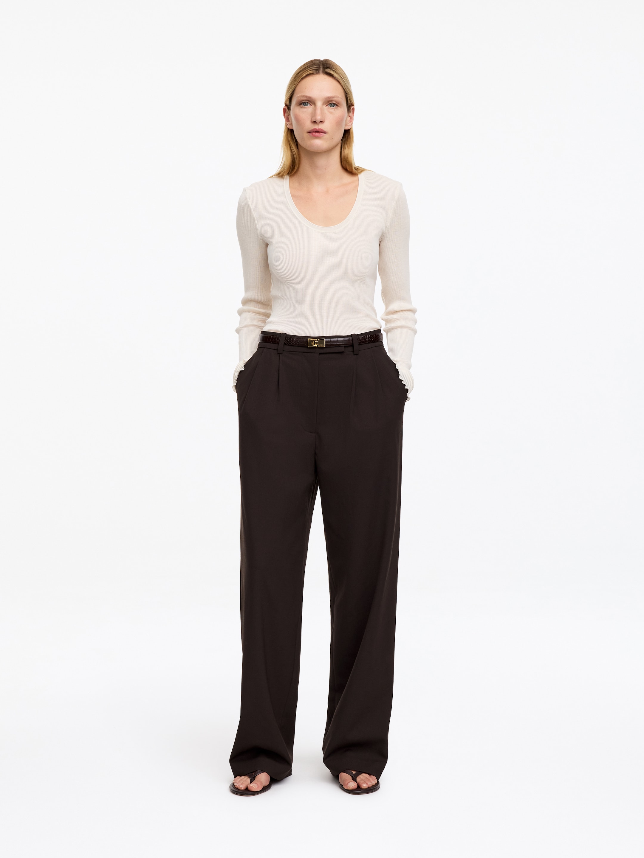 Tailored Wool-Blend Trousers-Brown-20324