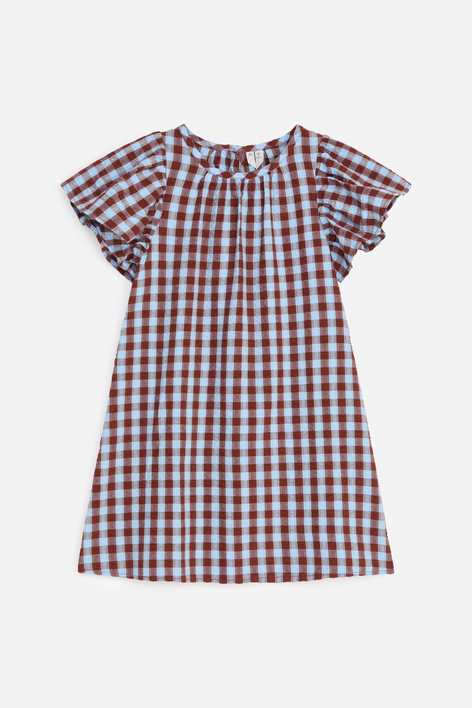 Grotere afbeelding bekijken: Een jurk toont aan de voorkant een bruin en lichtblauw gingham patroon. Het heeft een ronde halslijn met plooien en korte, gerimpelde mouwen, en presenteert een A-lijn silhouet.