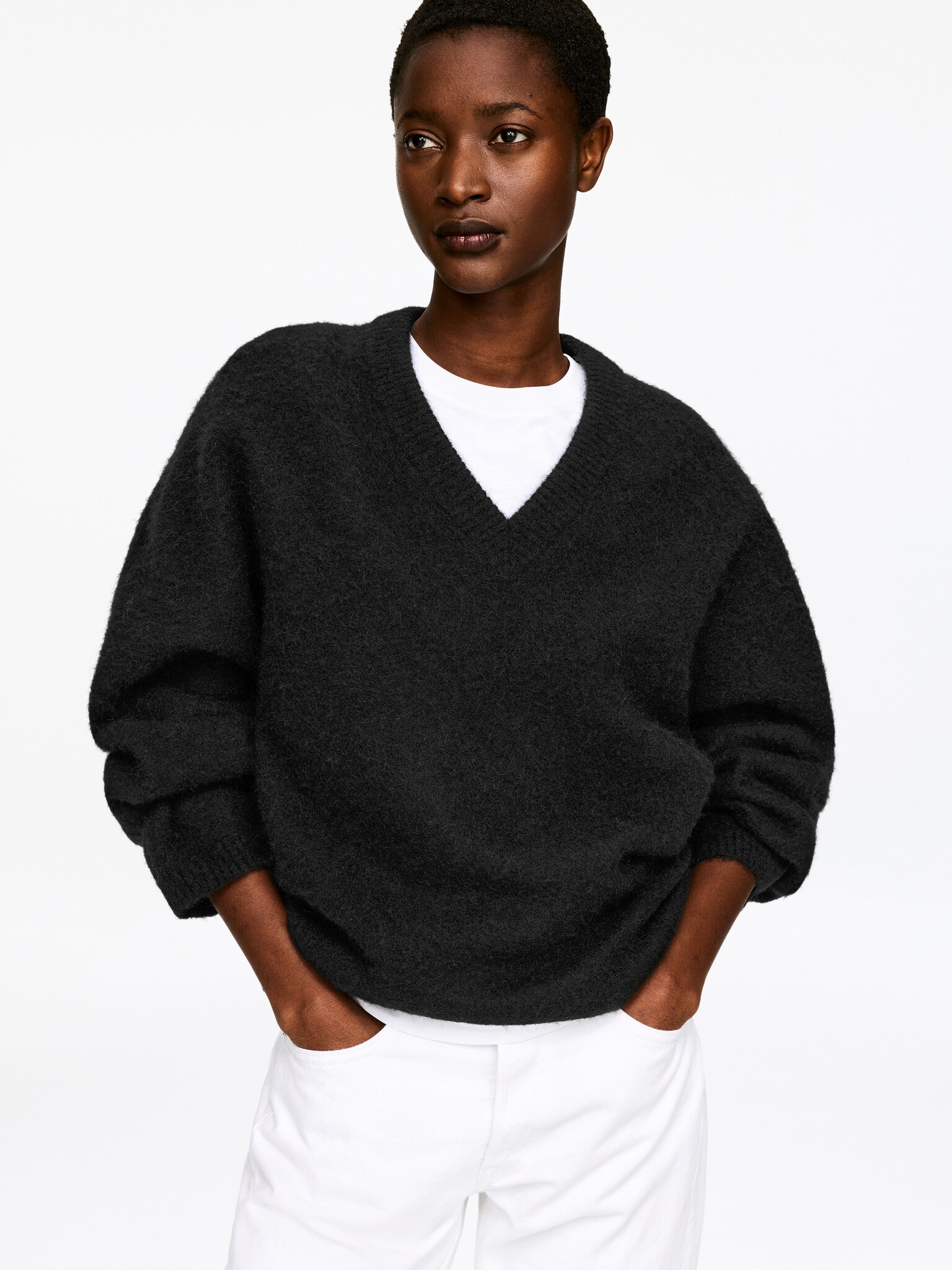 Sweter z dekoltem w szpic z alpaki i wełny - Czarny/Szarobrązowy - 3