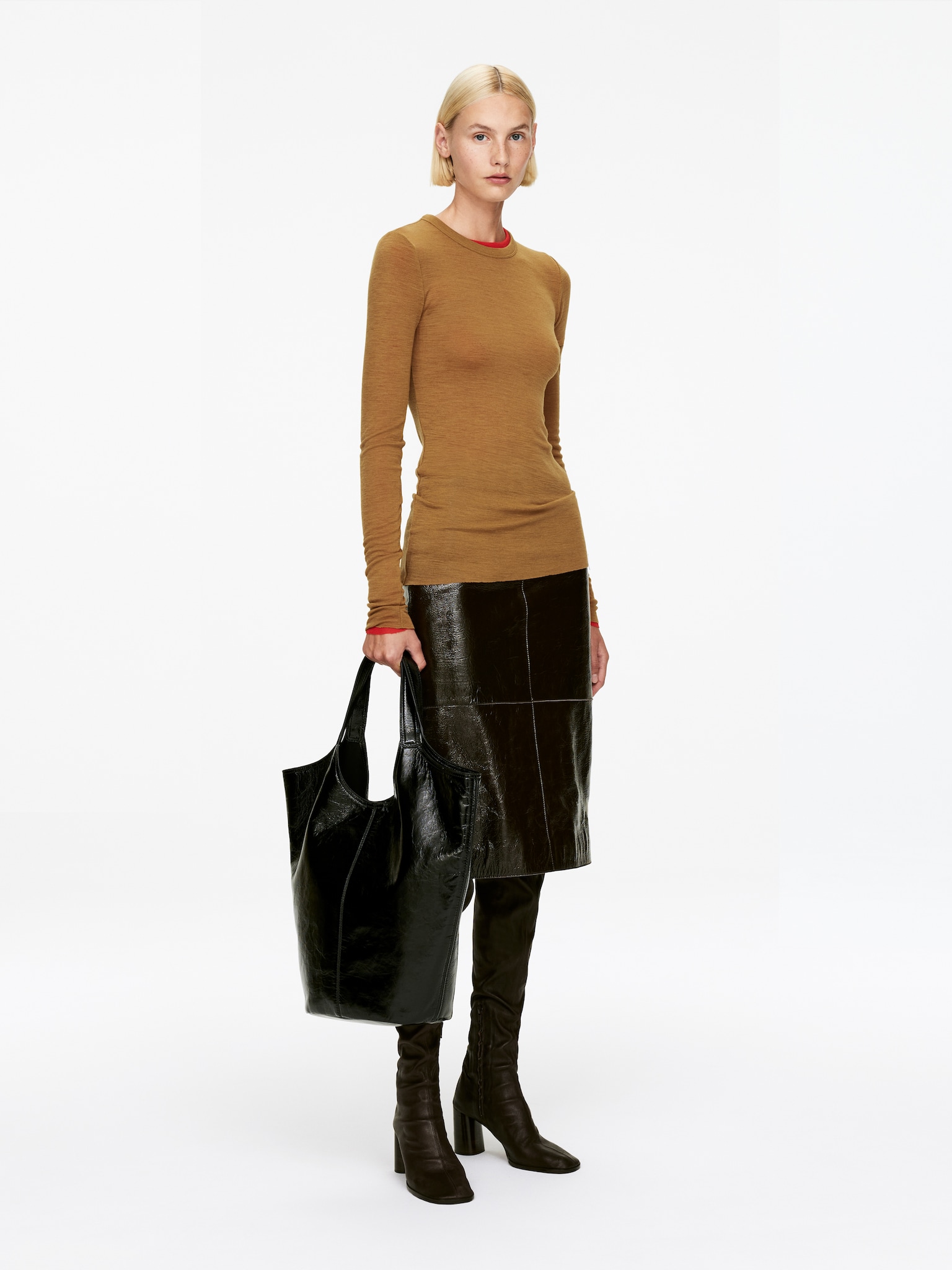 Maglia in lana merino a maniche lunghe - Senape scuro/Nero/Grigio scuro mélange/Marrone scuro - 4