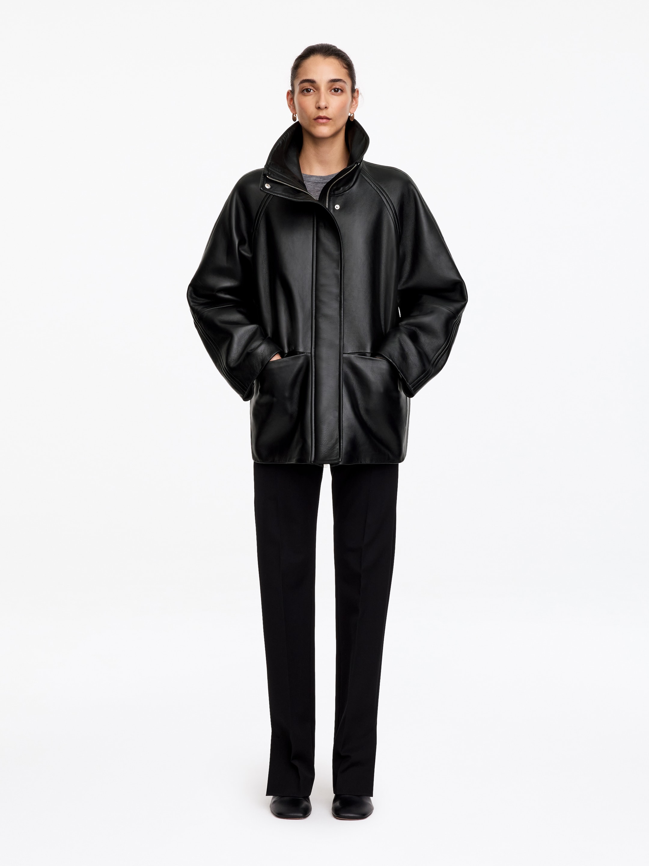 Leather Funnel-Neck Jacket-Black-20593