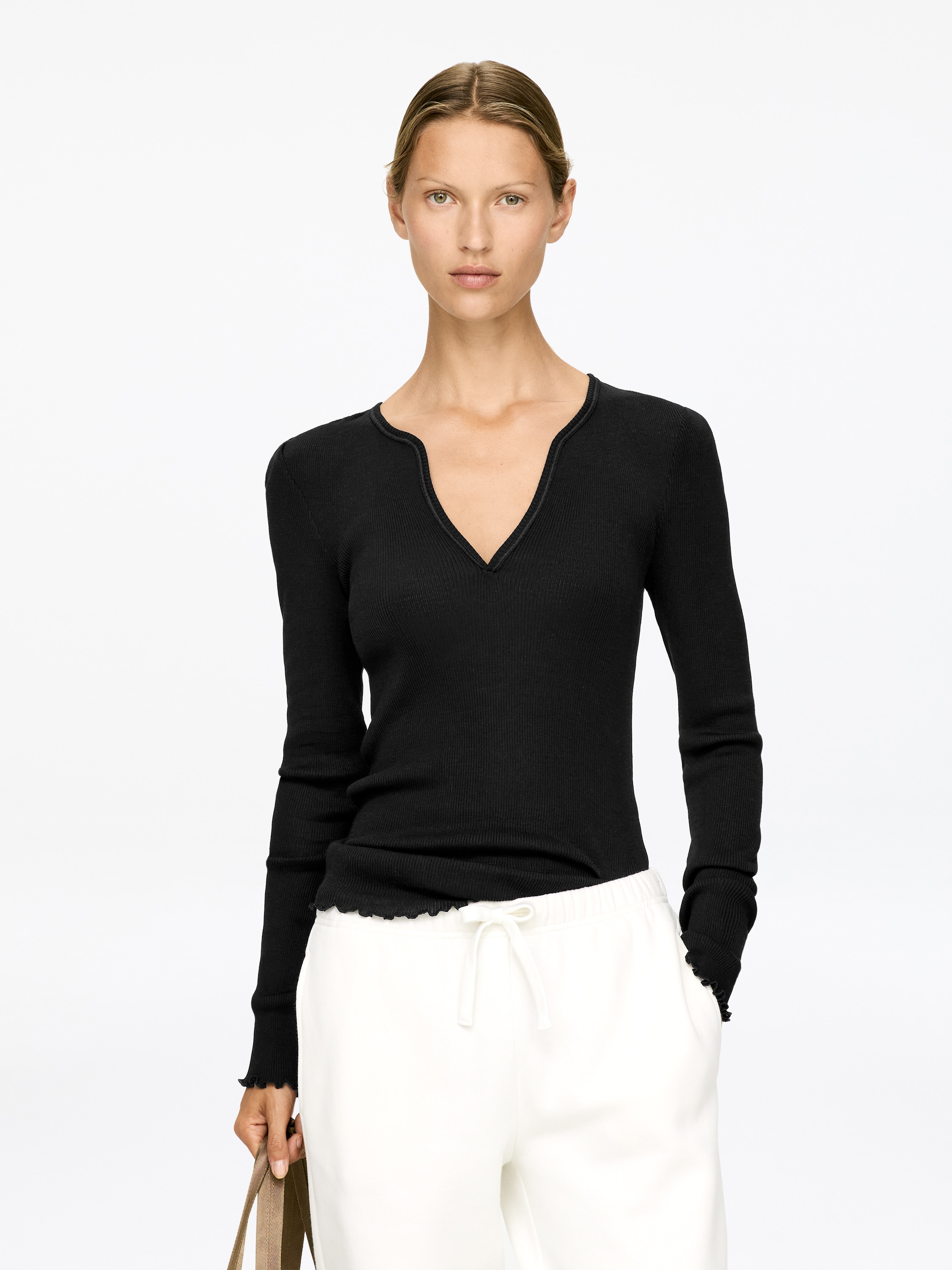 Top din tricotaj lână-mătase cu nervuri - Negru/Off White