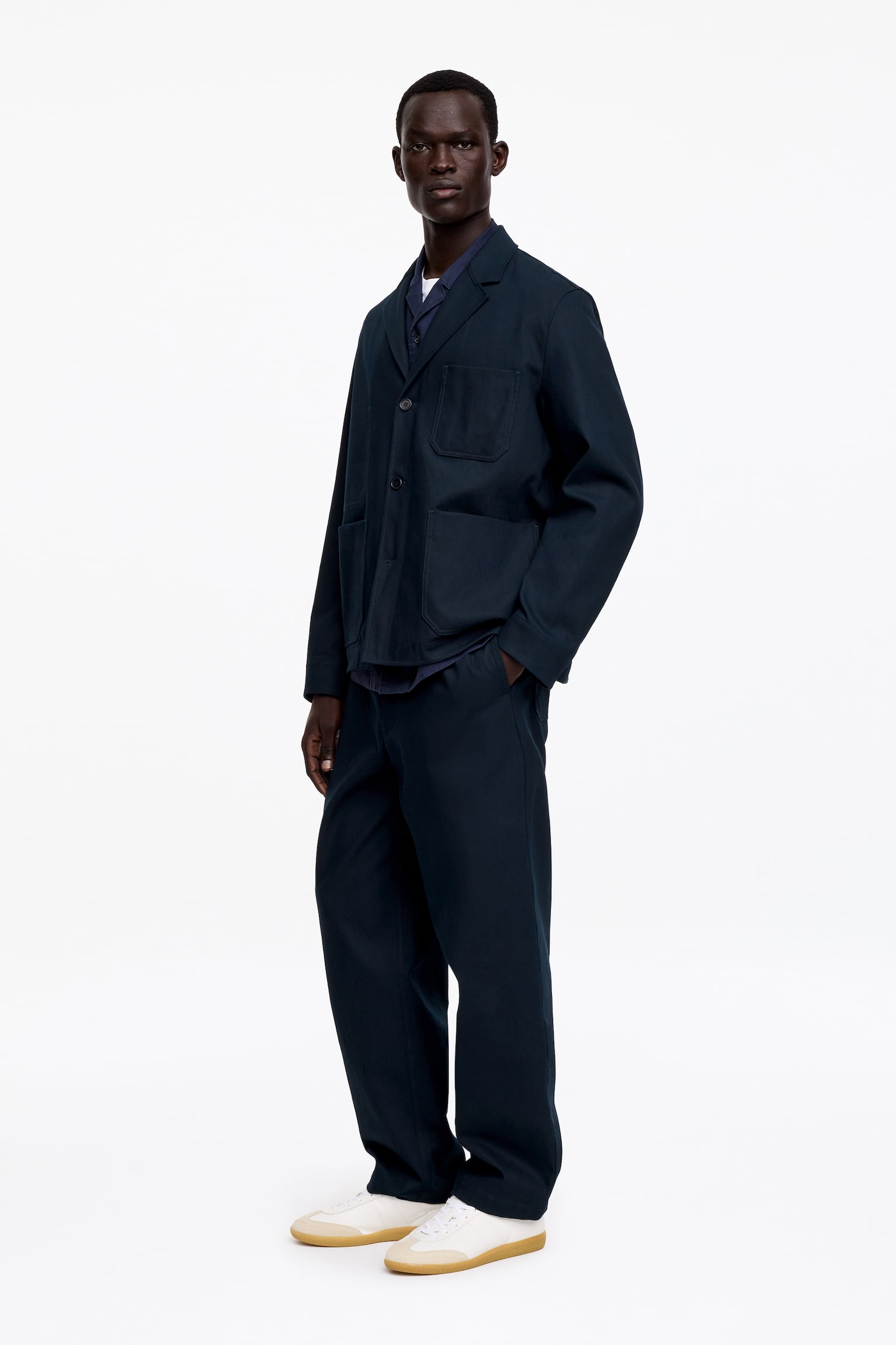 Ruimvallende blazer van katoen en linnen - Donkerblauw/Beige - 4