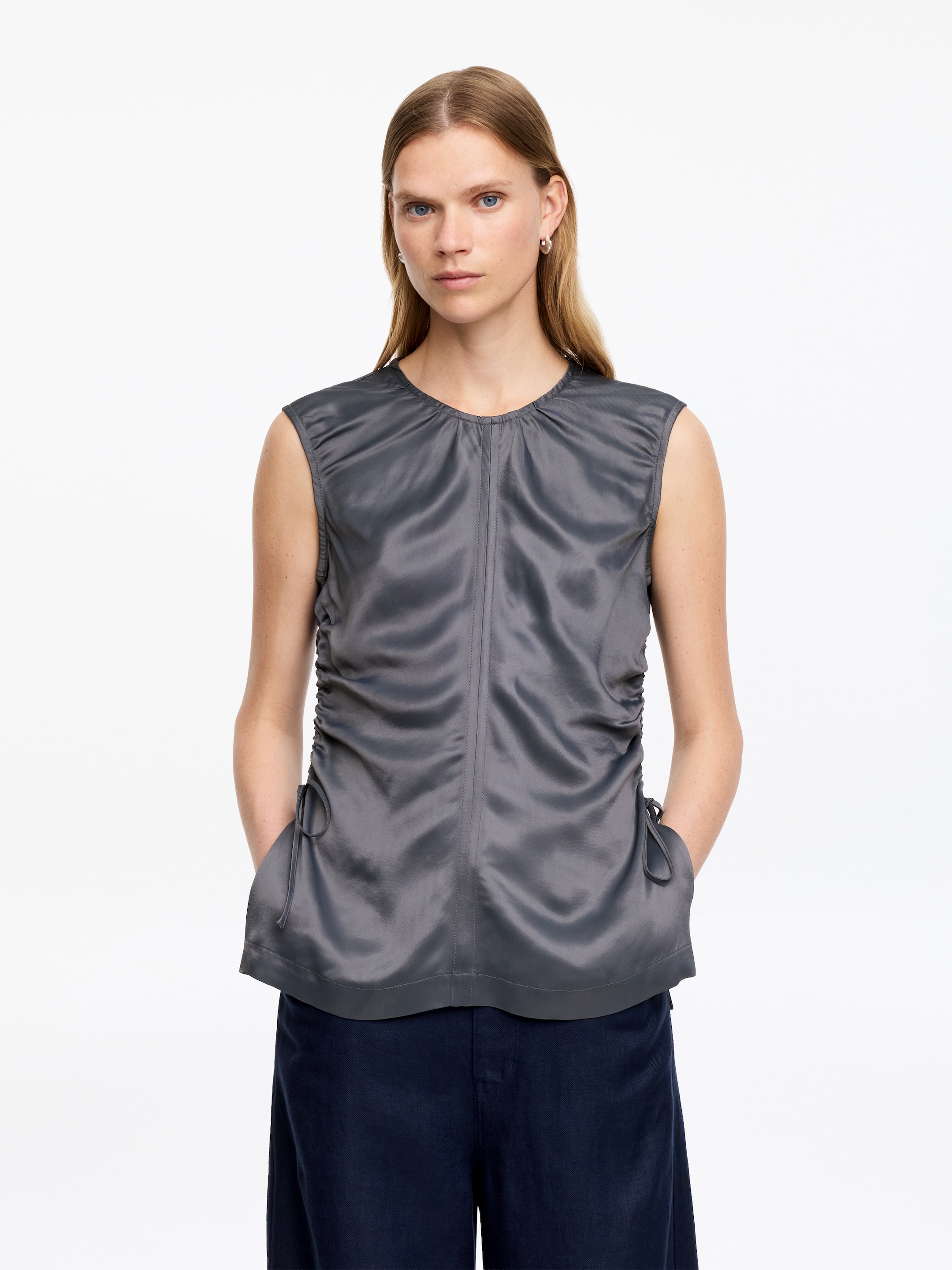 Satin Drawstring Top-#494A4F-19428