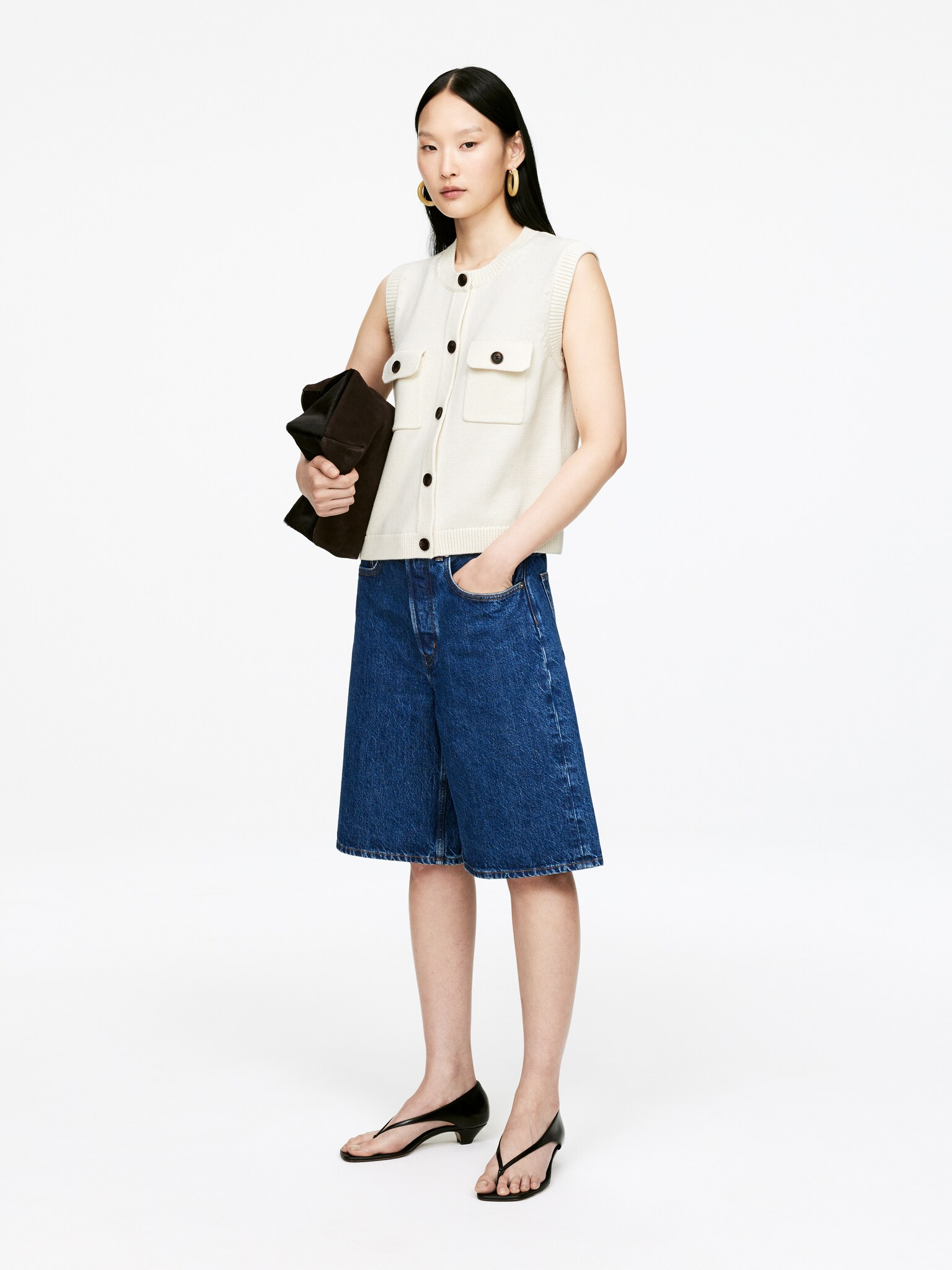 Knitted Cotton Vest - White/Reddish Brown - 6