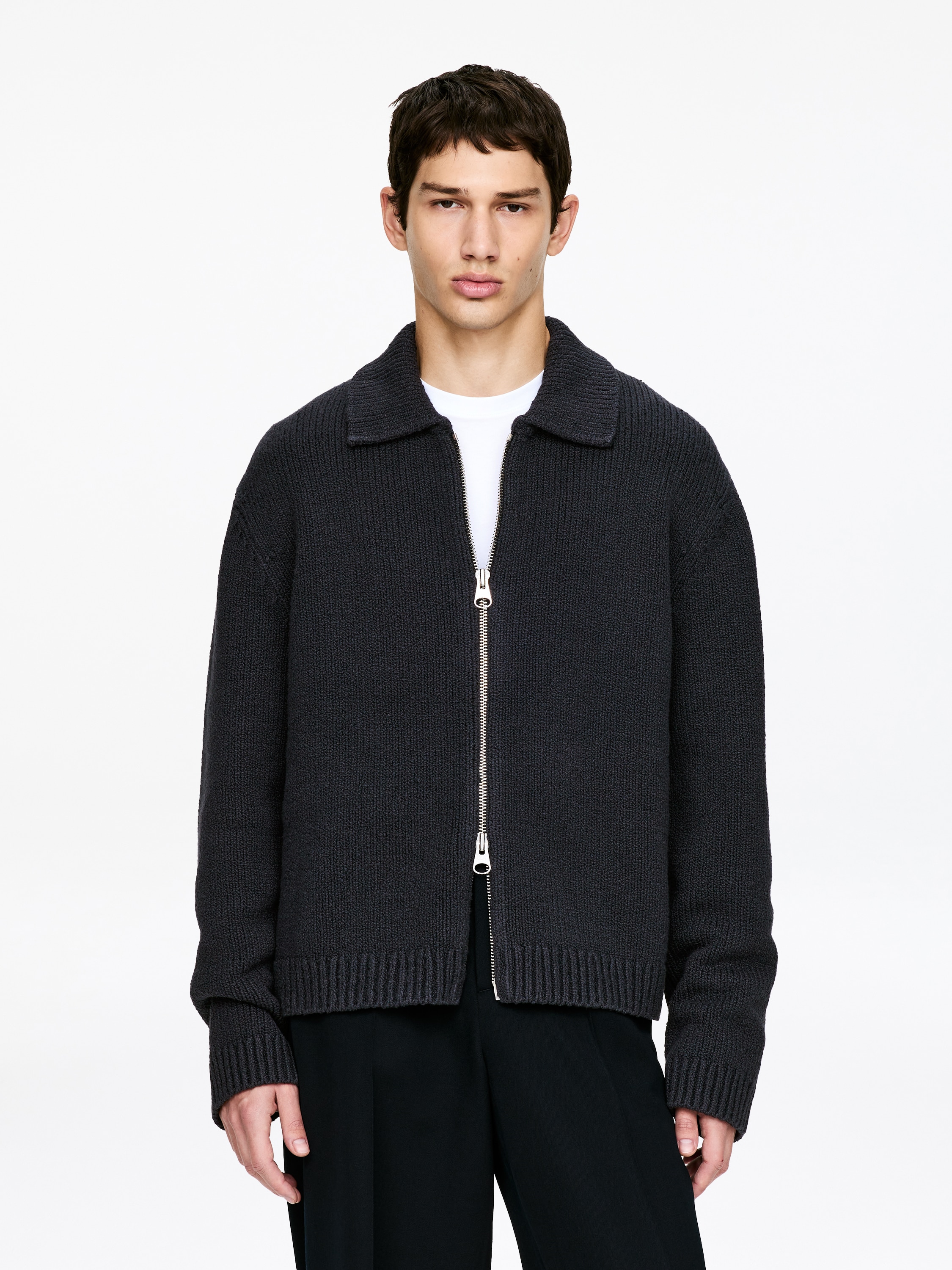 Cotton Blend Zip Cardigan - Dark Blue/Yellow