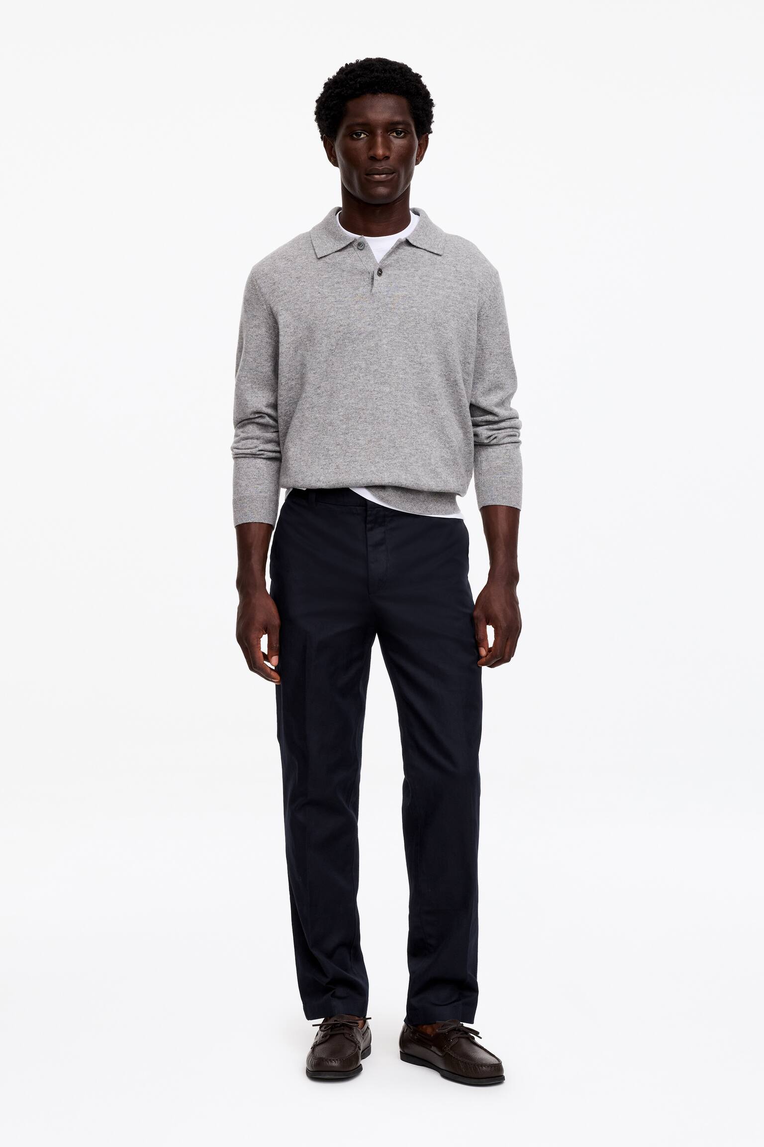Regular Cotton Linen Slacks - Dark Blue/Beige - 1