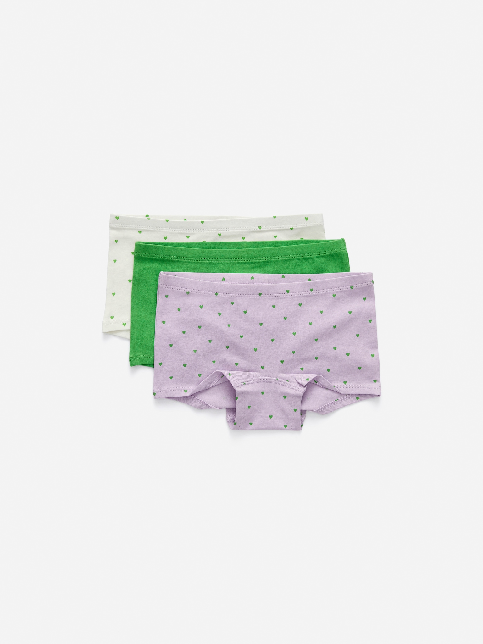 Jersey-Shorties aus Baumwolle, 3er-Set - Flieder/Grün/Herzen/Grün/Rosa