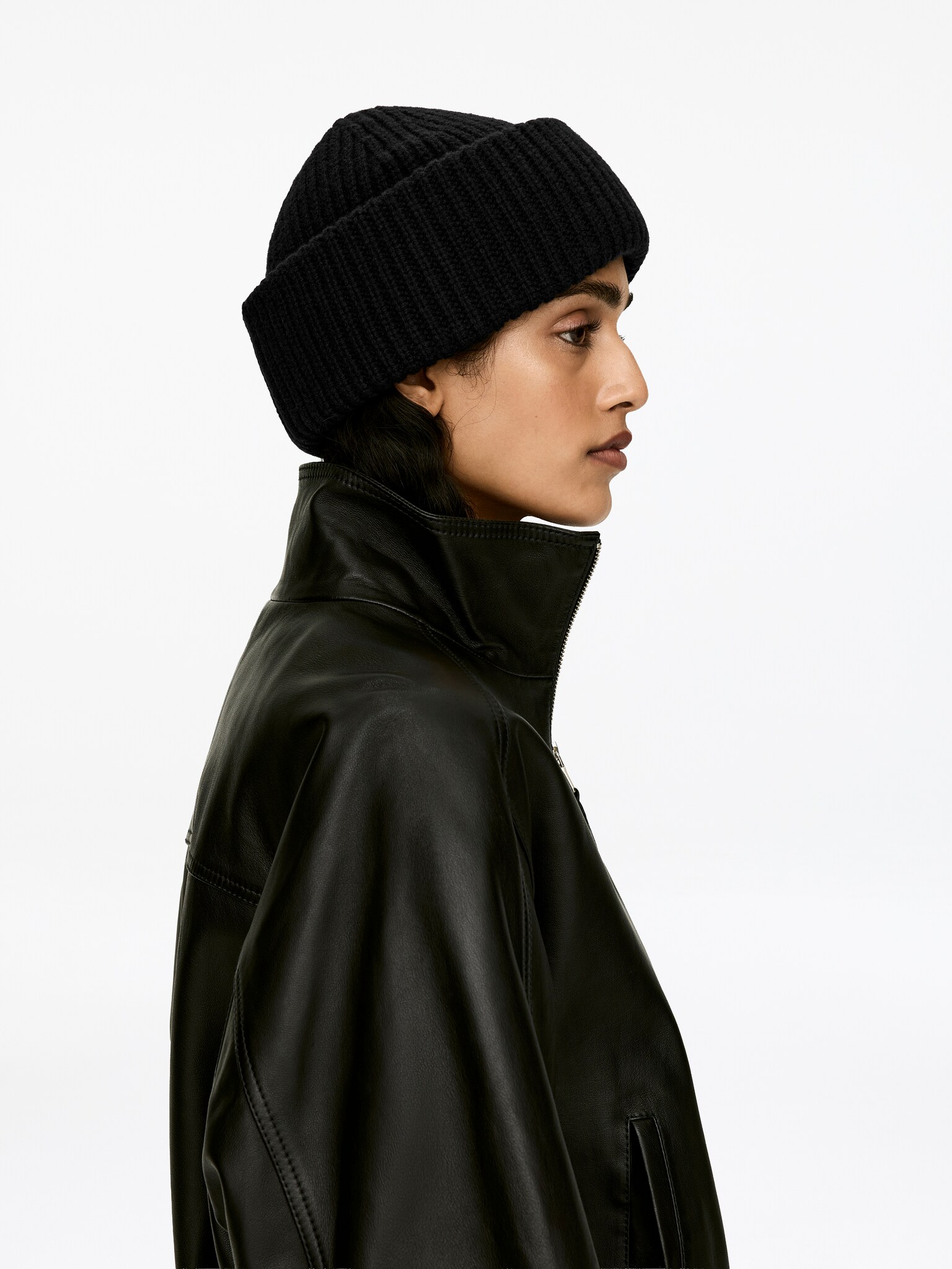 Double-Fold Wool Beanie - Black/Mole Melange