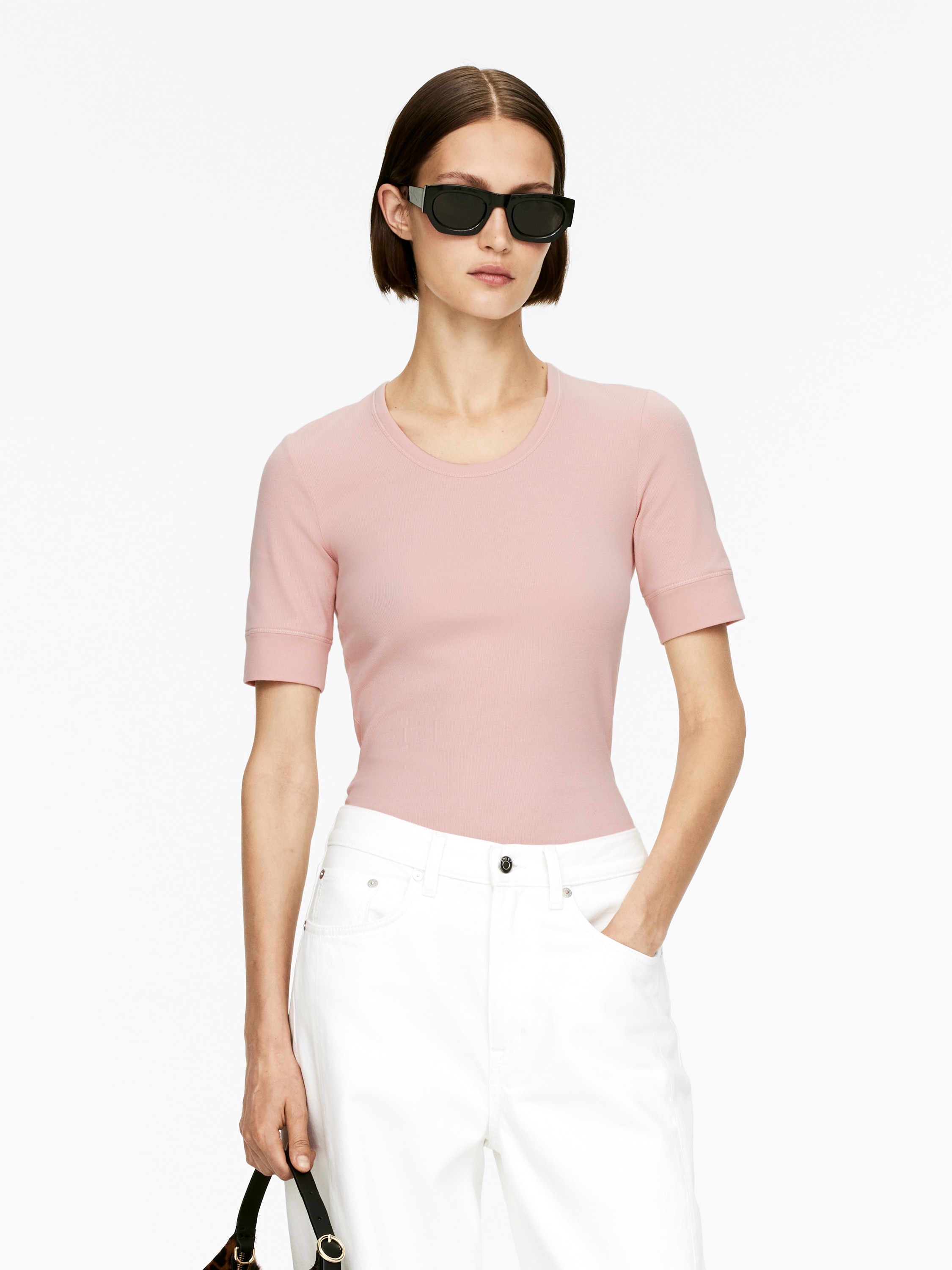 Ribbet t-skjorte - Støvete fersken/Hvit