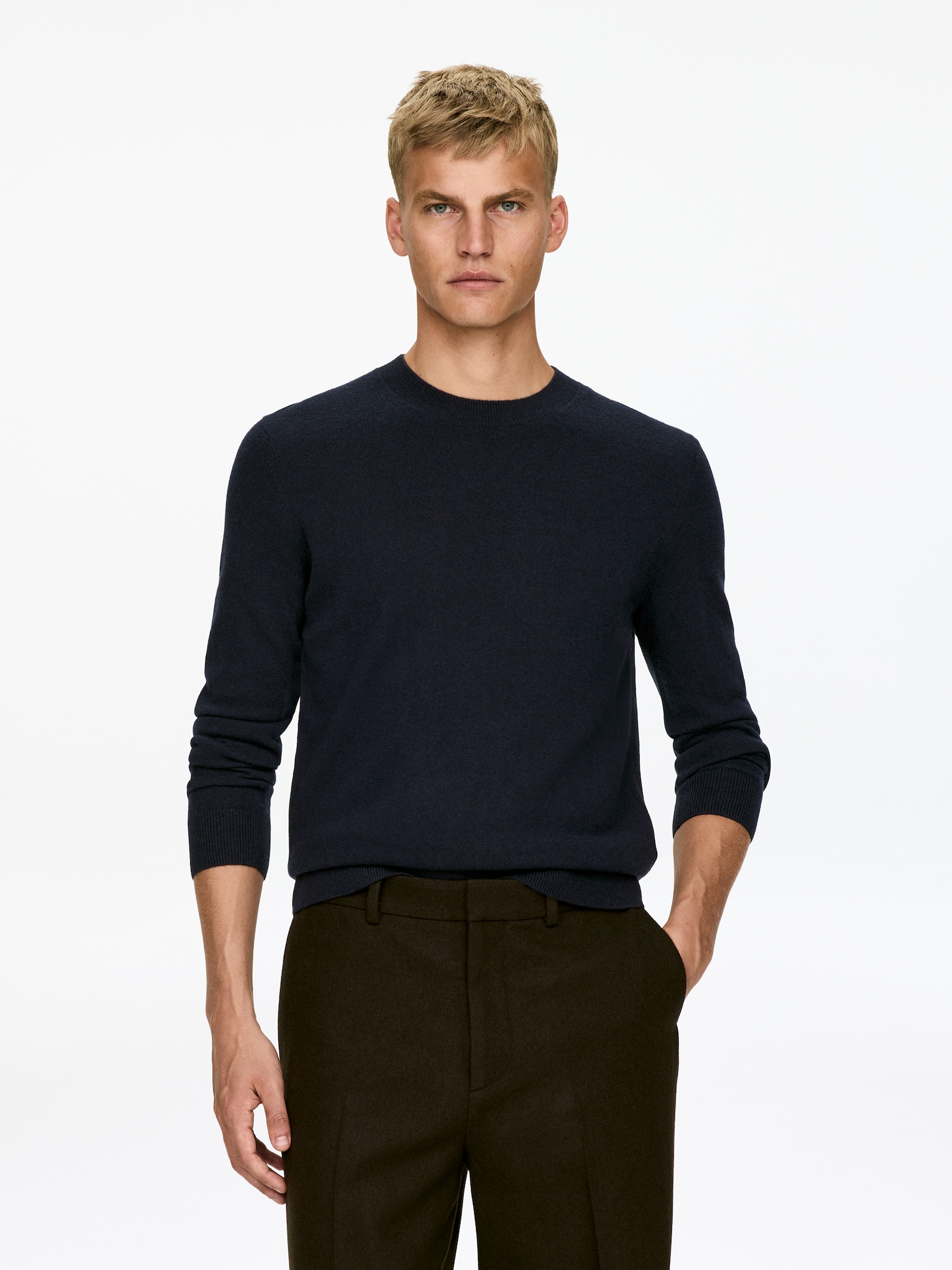 Jersey de cuello redondo de cachemir puro - Azul oscuro/Marrón/Beige jaspeado