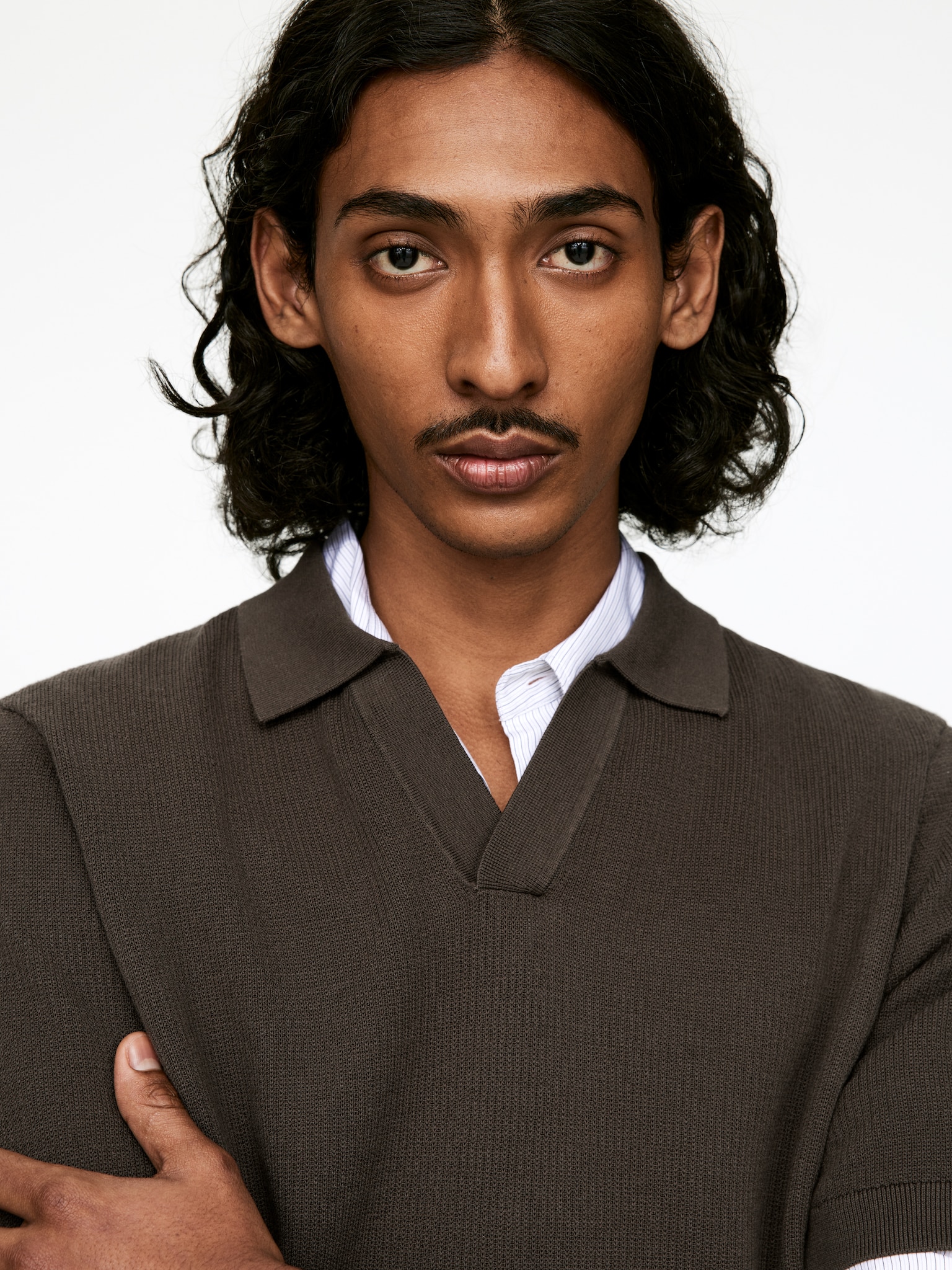 Textured Polo Shirt - Light Brown/Off White/Dark Blue - 3