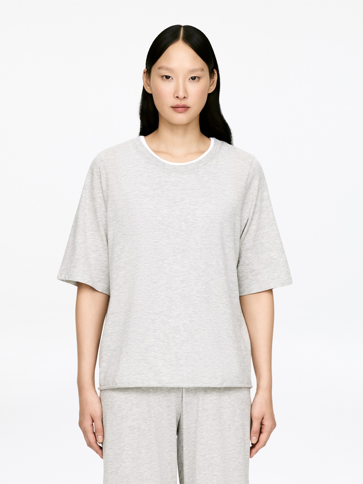T-shirt i bomull - Gråmelerad/Off-white/svart