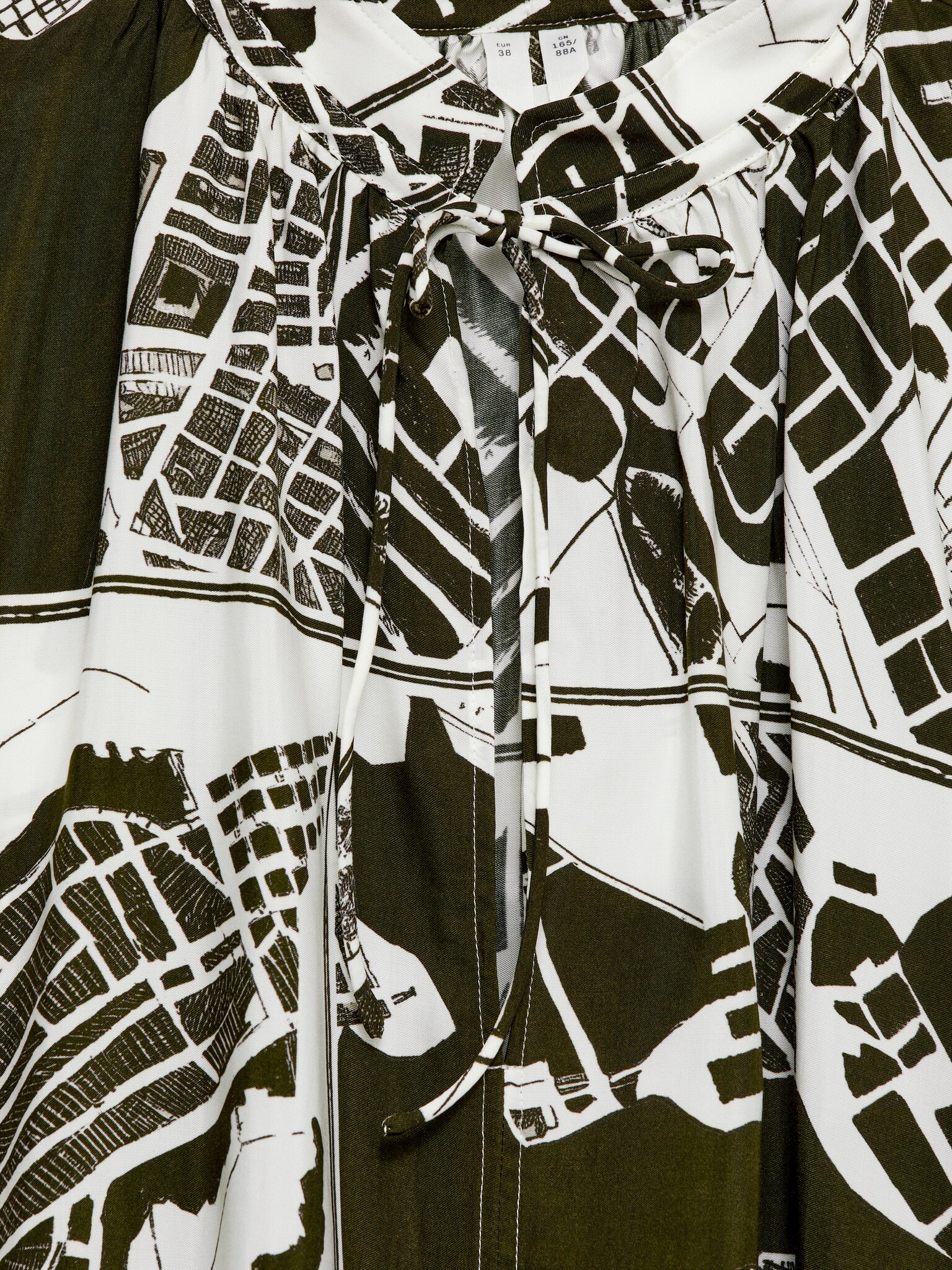 Stockholm Print Gathered Blouse - White/Khaki Green - 2