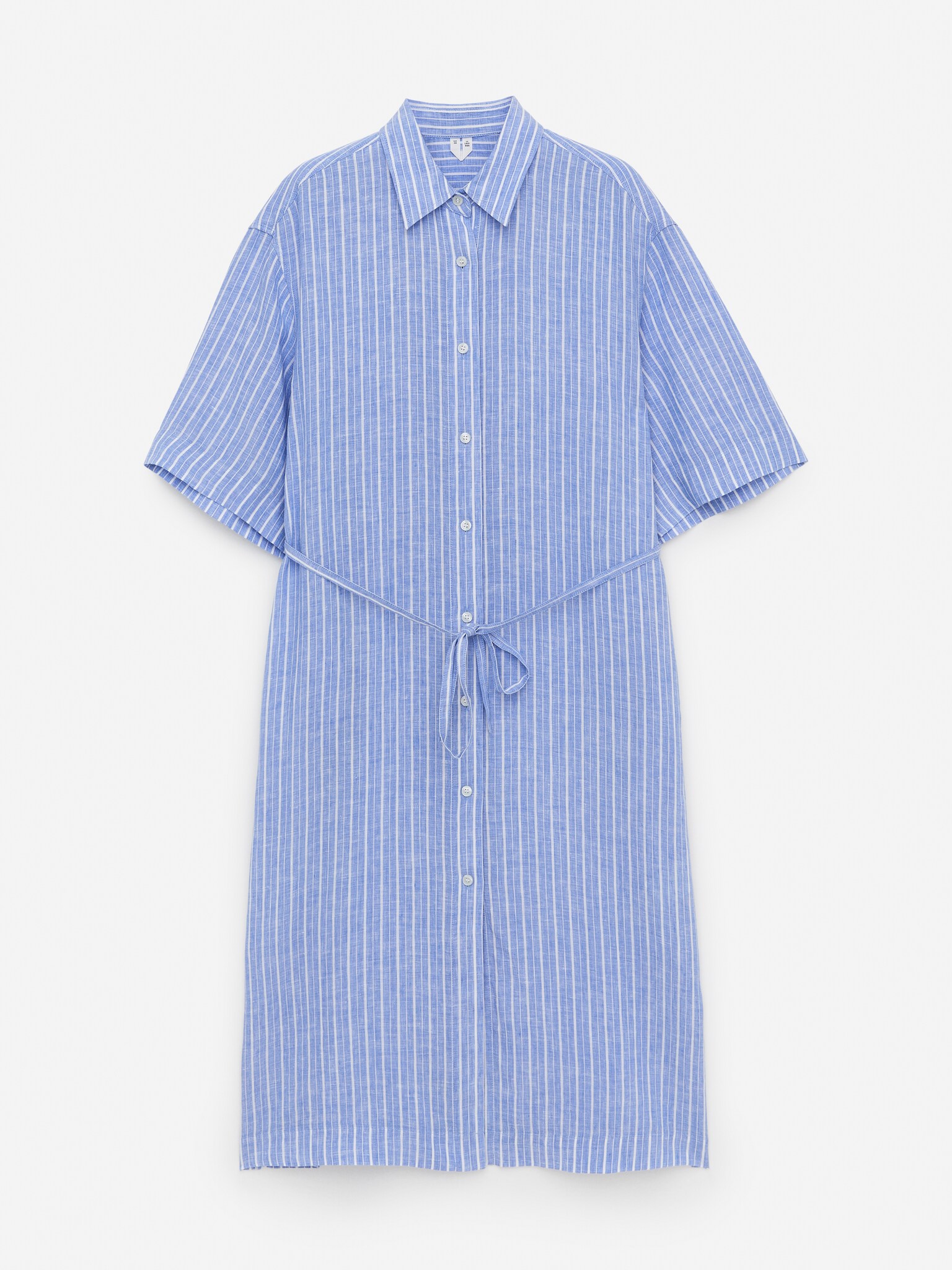 Rochie cămașă din in - Albastru/Alb/Negru