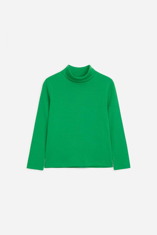The green roll-neck top is shown in a regular fit with a fine ribbed texture from the front. It features long sleeves, a folded roll-neck collar, and a straight hem. - 1