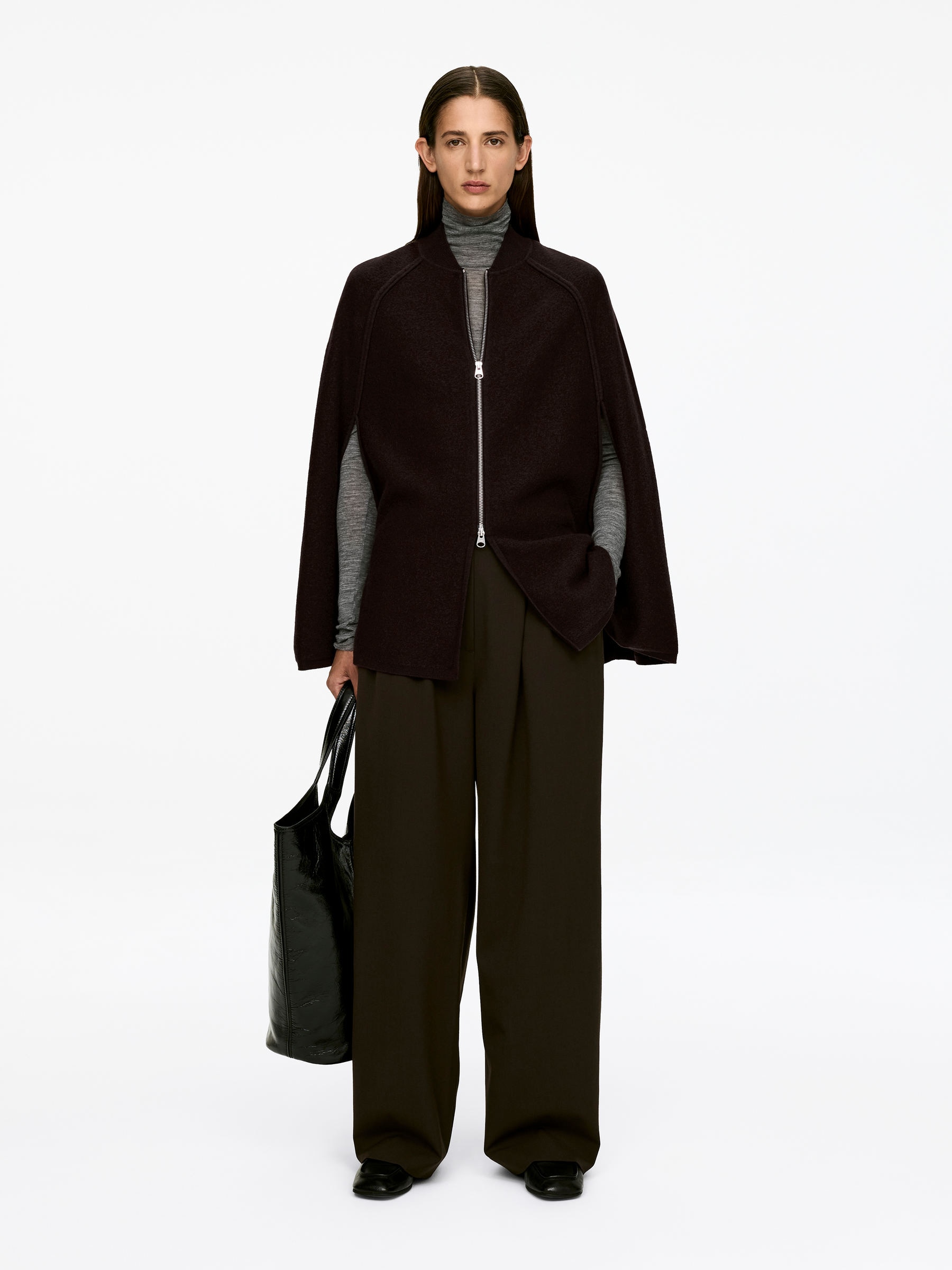 Boiled Wool Cape-#3F3838-16739